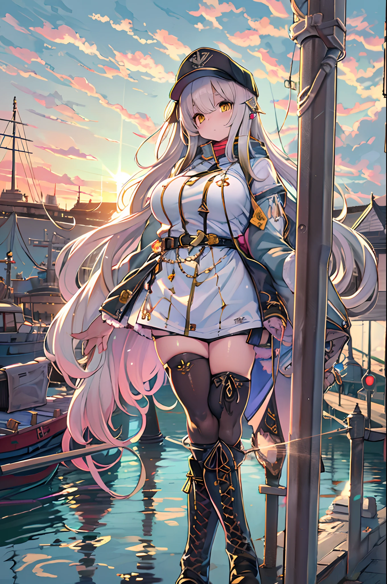 medium shot, medium shot, depth of fields, Bust, Upper body, Cinematic Angle, masutepiece, Best Quality, super detailed, nffsw, 8K Wallpaper, Pretty Face, Delicate eyes, maidennurse, Solo, White long hair, Yellow eyes, Hairpin, White shirt, Black hooded jacket, Black Baseball Cap, Black stockings, black over-the-knee boots, Sunset, Medieval harbor, harbour, Detailed water surface, Reflection of the Sun