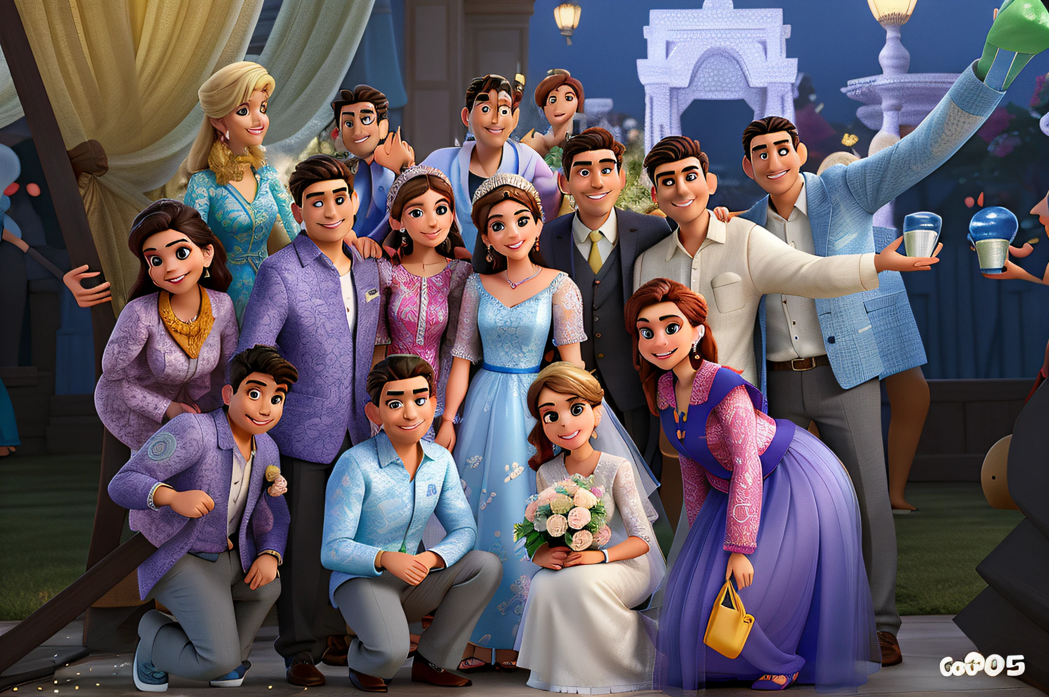 Homens e mulheres em um casamento estilo disney pixar, alta qualidade, melhor qualidade