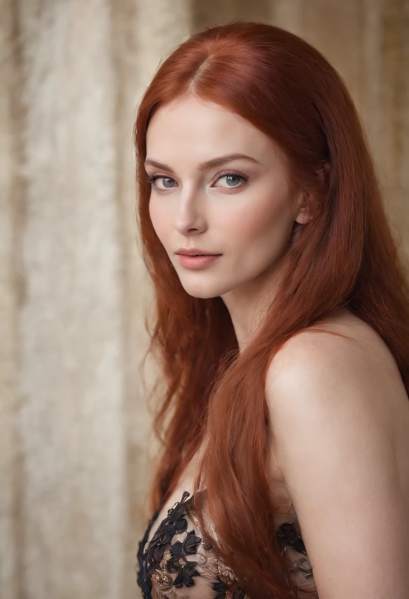 Generate an image of a Russian woman with distinctive features. She should have long, vibrant red hair that cascades down her back. Her skin should be pale, almost porcelain-like, contrasting beautifully with her fiery hair. Her eyes should be a striking shade of blue, clear and bright. She should have a voluptuous figure, with large breasts and big, round buttocks. This combination of features should create an image of a stunning, alluring Russian woman, naked, pink vagina  with no hair