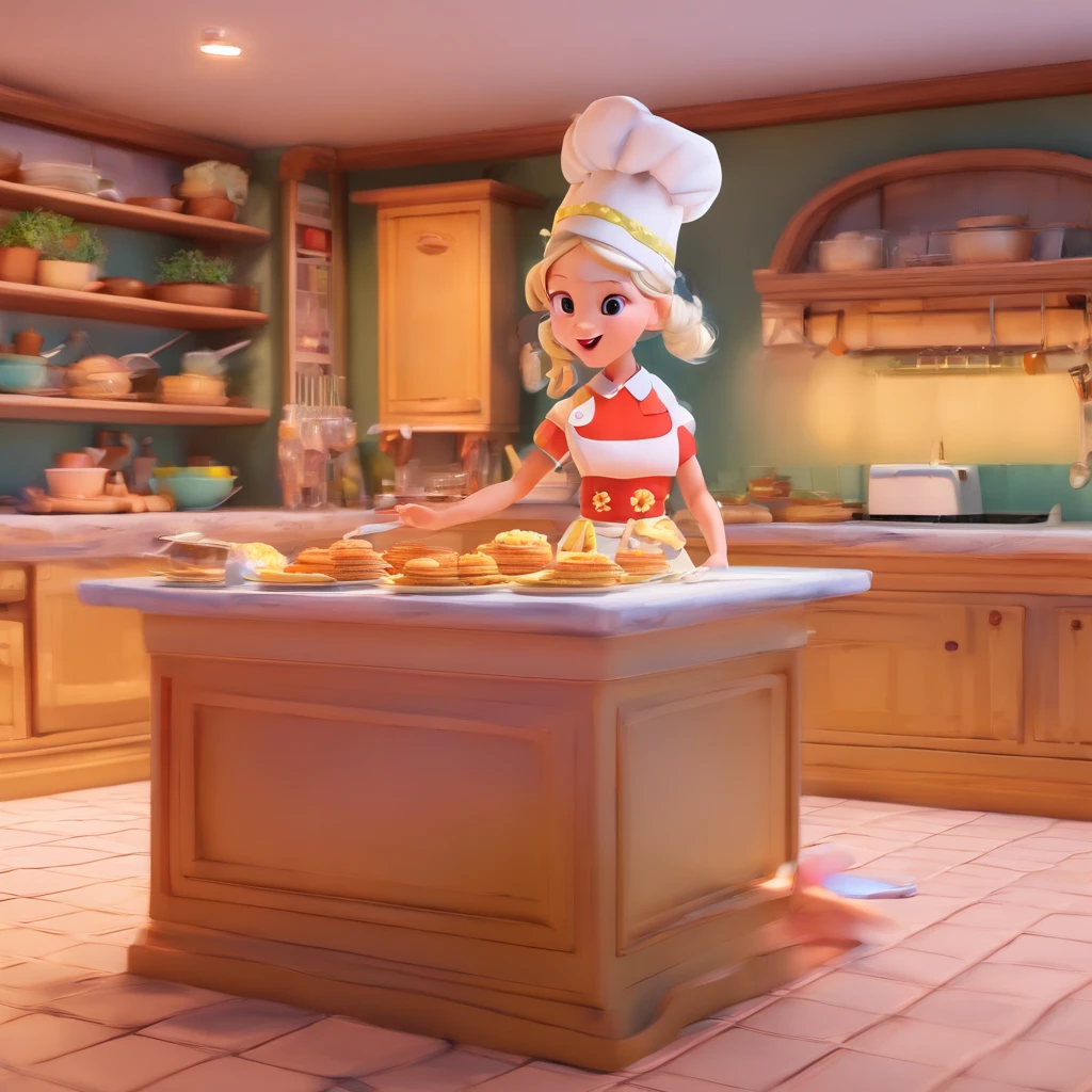 Crie uma cena de desenho animado estilo 3d -Pixar, Onde uma mulher, de cabelos lisos castanhos com 35 anos de idade, She's cooking dressed as a pastry chef.