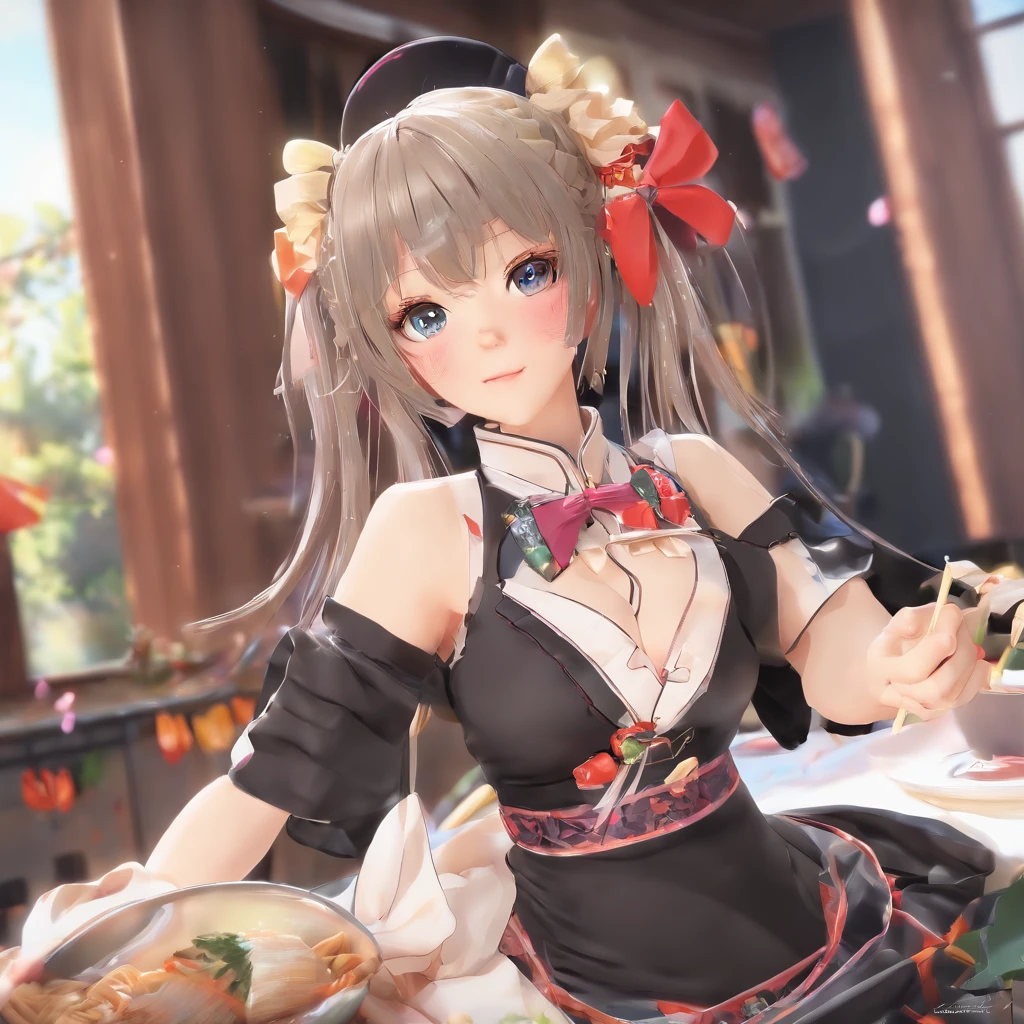 master part, Qualidade Superior, pose encantadora, grande angular de corpo inteiro, sorrir, (sentado:1.1) ,Ichiraku Windows, (eating ramen noodles:1.0), holding chopsticks and ramen bowl, slurp a noodle,, Silence Suzuka (Umamusume), luvas pretas, saia branca, saia plissada, Black pantyhose, mangas em camadas, mangas curtas inchadas, mangas curtas e compridas, black bow, festival,