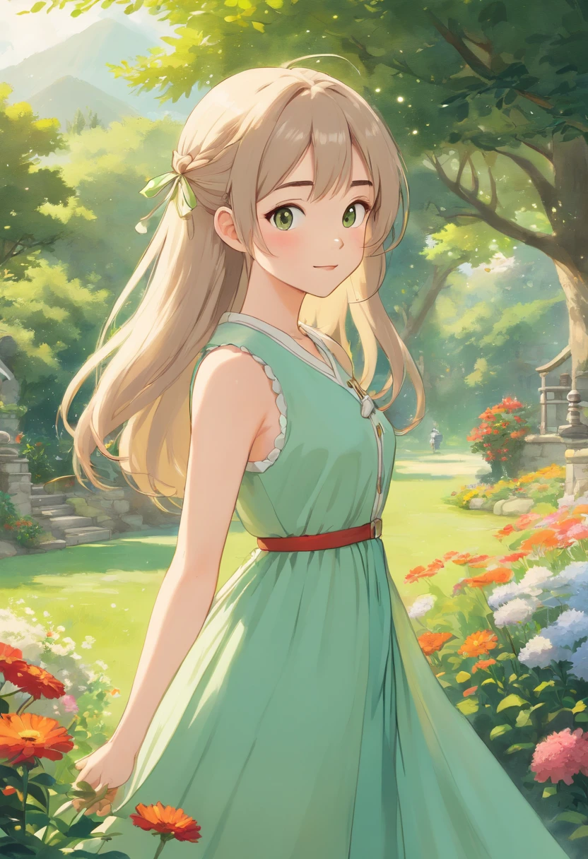 (Best Quality,4K,8K,hight resolution,masutepiece:1.2),Ultra-detailed,(Realistic,Photorealistic,Photorealsitic:1.37),Beautiful girl in the garden,Green grass, vivid flowers, gentle sunlight, A flowing dress, Flowing hair, Bright eyes, Radiant smile, serene expressions, gentle wind, Soft shadows, Ethereal Atmosphere, Dreamy background, fantastic landscape, hand painted style, Warm tones, Natural lighting, peaceful ambiance, detailed facial features, Realistic skin texture, Subtle shading, Graceful posture, artistic composition, seductive beauty, Harmonious elements, Joyful Spirit, Whimsical touch.