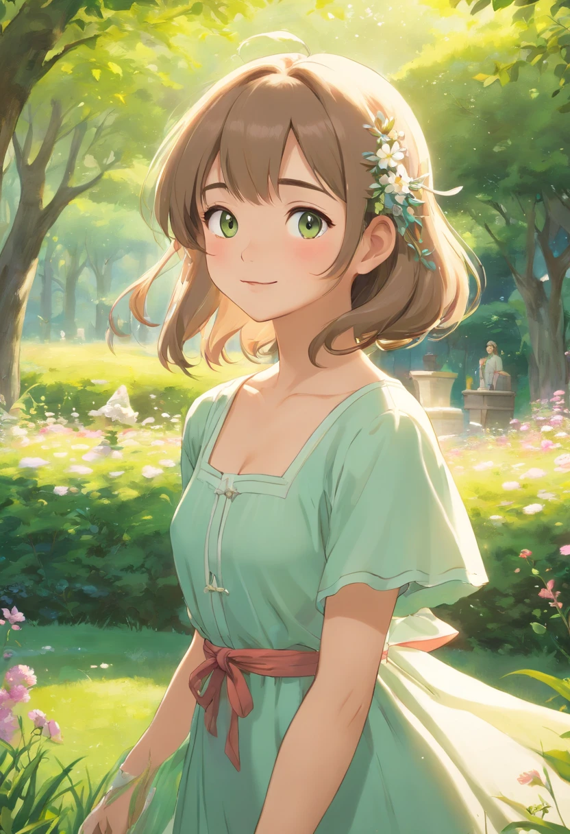 (Best Quality,4K,8K,hight resolution,masutepiece:1.2),Ultra-detailed,(Realistic,Photorealistic,Photorealsitic:1.37),Beautiful girl in the garden,Green grass, vivid flowers, gentle sunlight, A flowing dress, Flowing hair, Bright eyes, Radiant smile, serene expressions, gentle wind, Soft shadows, Ethereal Atmosphere, Dreamy background, fantastic landscape, hand painted style, Warm tones, Natural lighting, peaceful ambiance, detailed facial features, Realistic skin texture, Subtle shading, Graceful posture, artistic composition, seductive beauty, Harmonious elements, Joyful Spirit, Whimsical touch.