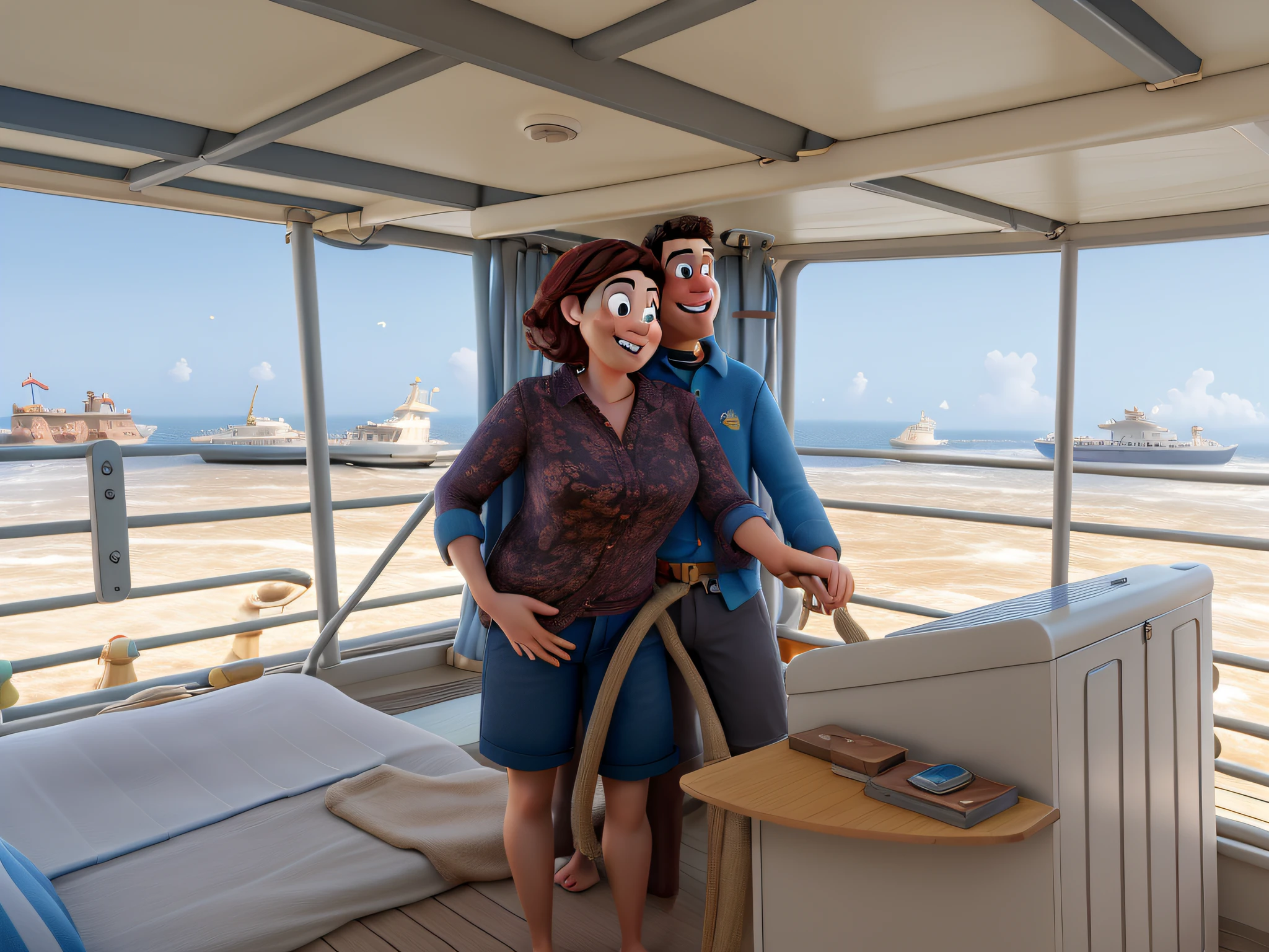 casal em um navio estilo disney pixar, obra-prima , melhor qualidade, alta qualidade