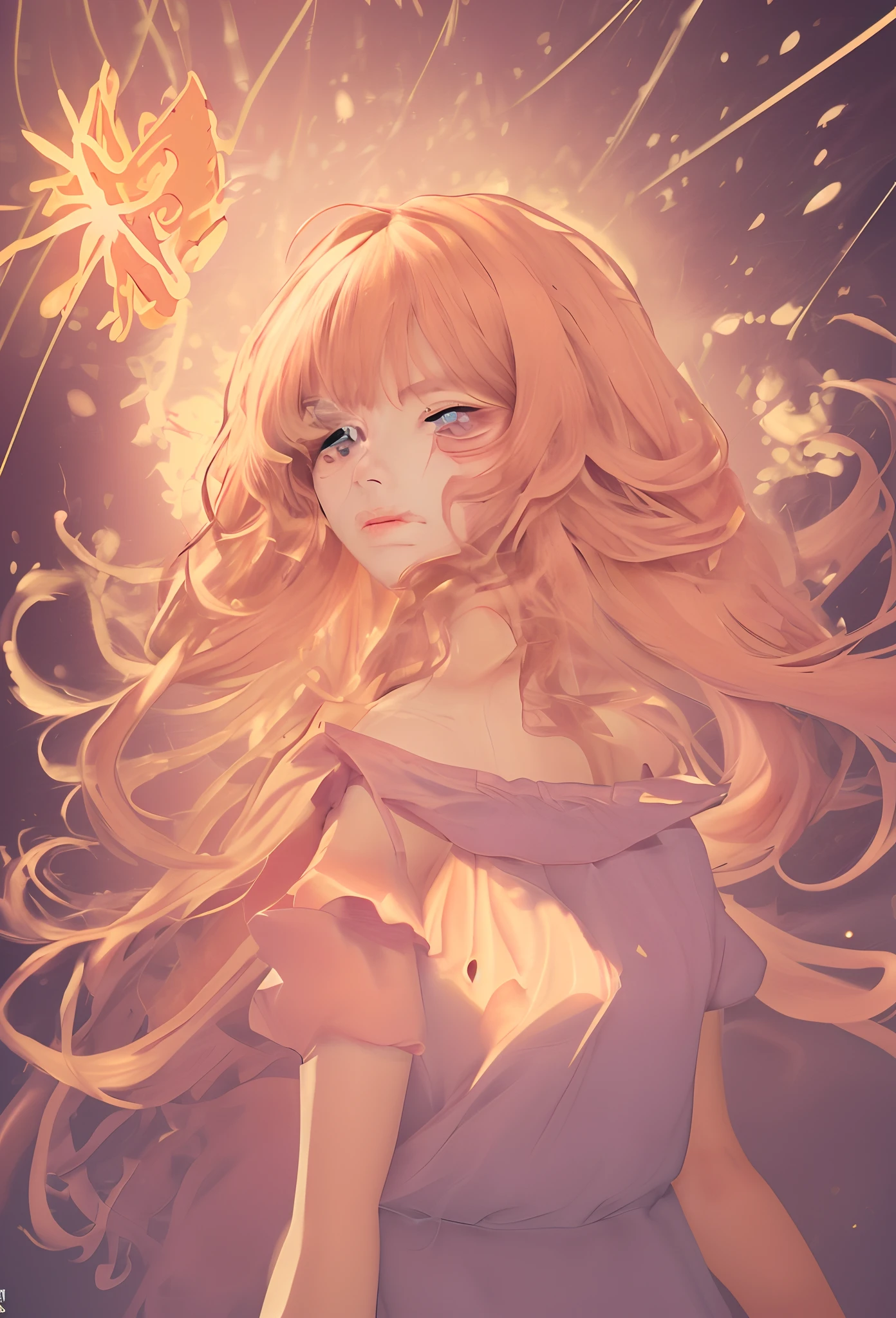 Female: ，Caucasians，Meat pink，He has long, wavy hair that is waist-length，With bangs，Golden eyes