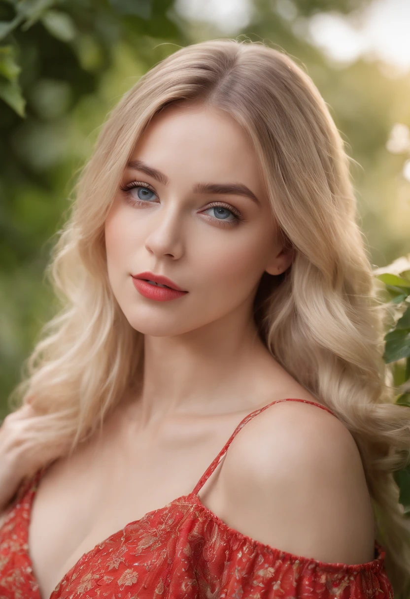 (realistic,photorealistic:1.37),(best quality,4k,8k,highres,masterpiece:1.2),portrait,popart,hdr,vivid colors,studio lighting,blonde,long hair,beautiful detailed eyes,beautiful detailed lips,blue eyes,white female instagram influencer,sexy tight mini dress,confident pose,colorful background,1 girl,garden setting