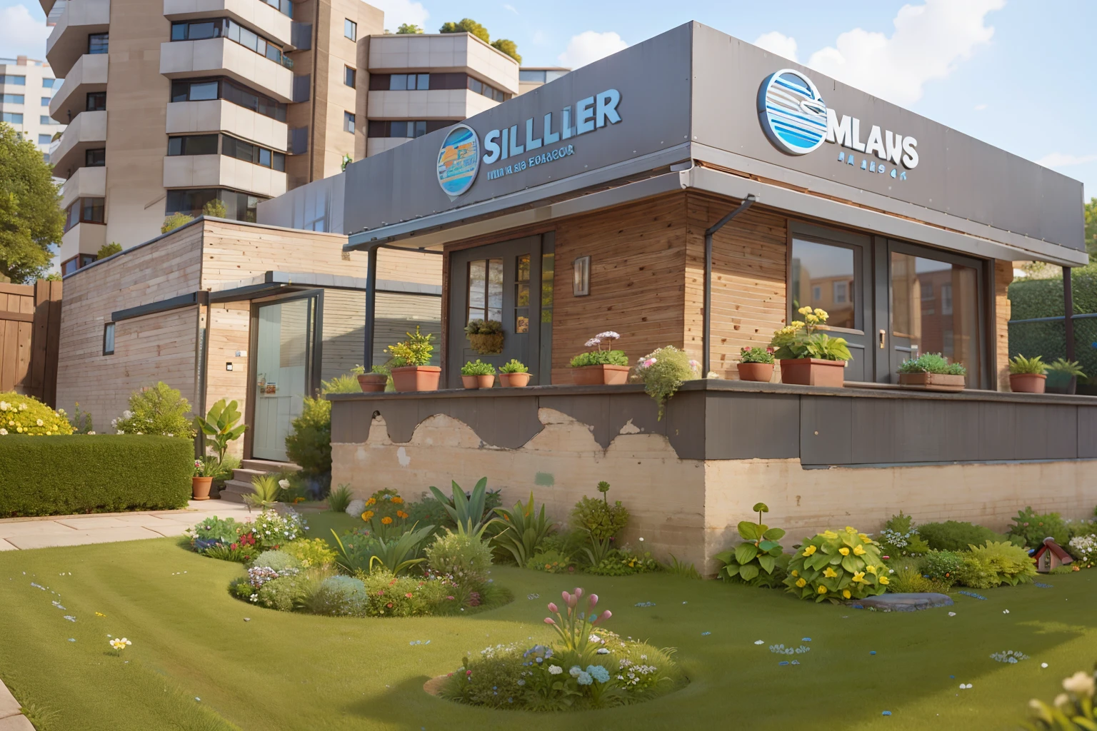 tmasterpiece, alta qualidade, a melhor qualidade,Pixar style of a low and wide ground floor shed with brown bricks with a rectangular façade written Sillos Real Estate with surrounded by a garden surrounded by glass walls and wooden door Pixar style movies Written "Sillos Real Estate"filme luz e sombra,8k,tmasterpiece:1.5,Detalhe perfeito,