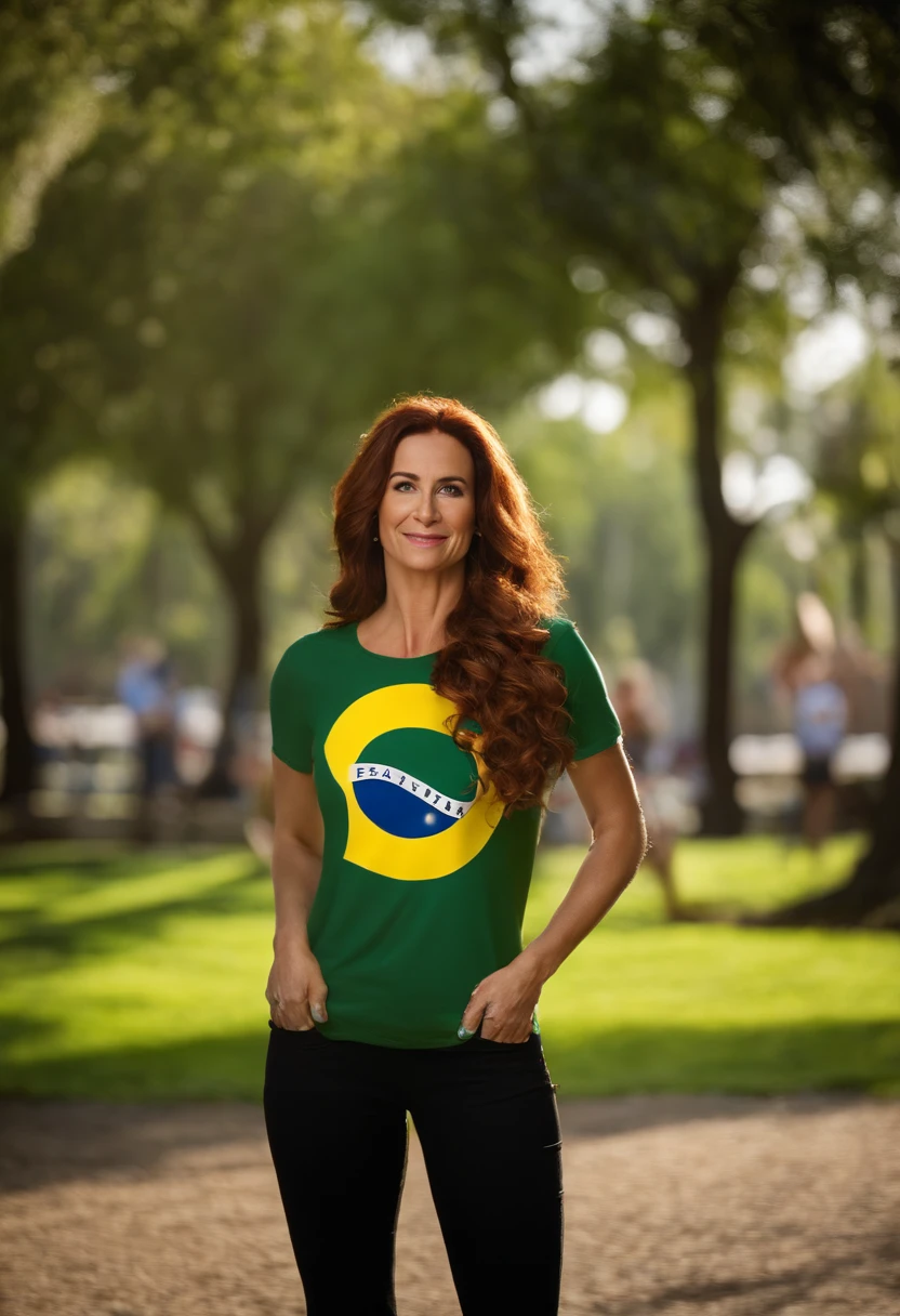Como uma Imagem de um Cartaz de filme estilo pixa/Disney, em 3d, title "Oi, eu sou a Babi da EyXo!" And the Disney symbol.
uma linda mulher de 45 anos latina , cabelo castanho claro longo, is wearing a Brazil shirt and black jeans . this one with her friend, a 46 year old woman, hair curled in the redhead with small freckles on her face and she is wearing a Brazil t-shirt and green pants and they are in the park having a picnic and having many children in the background playing.