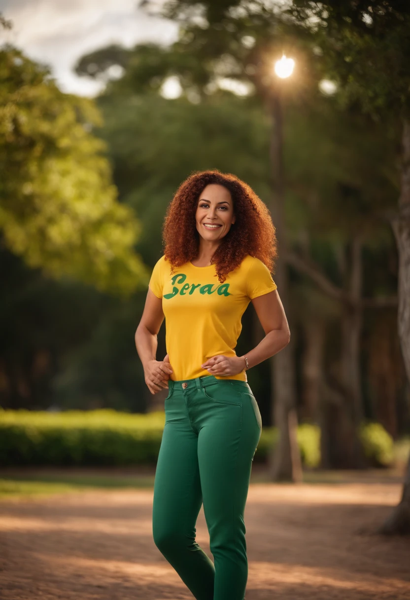 Como uma Imagem de um Cartaz de filme estilo pixa/Disney, em 3d, title "Oi, eu sou a Babi da EyXo!" And the Disney symbol.
  uma linda mulher de 45 anos latina , cabelo castanho claro longo, is wearing a Brazil shirt and black jeans . this one with her friend, a 46 year old woman, hair curled in the redhead with small freckles on her face and she is wearing a Brazil t-shirt and green pants and they are in the park having a picnic and having many children in the background playing.