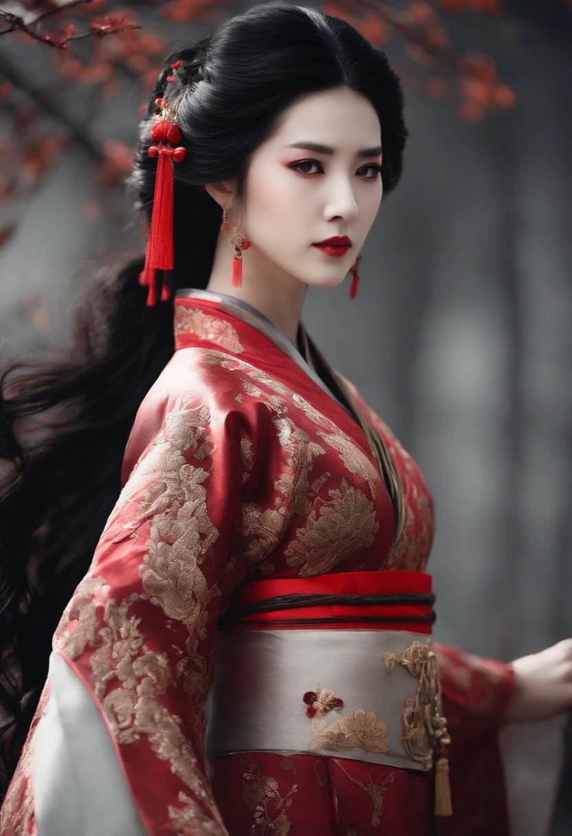 1 girl, Woman, Handsome, inky, chinese armor, ((2.5D)), Black hair, Floating hair, Delicate eyes, black and red antique damask Hanfu, FOV, (F1.8), (masutepiece), (portrait shot), Front shot, White background, (Cinematic poster)