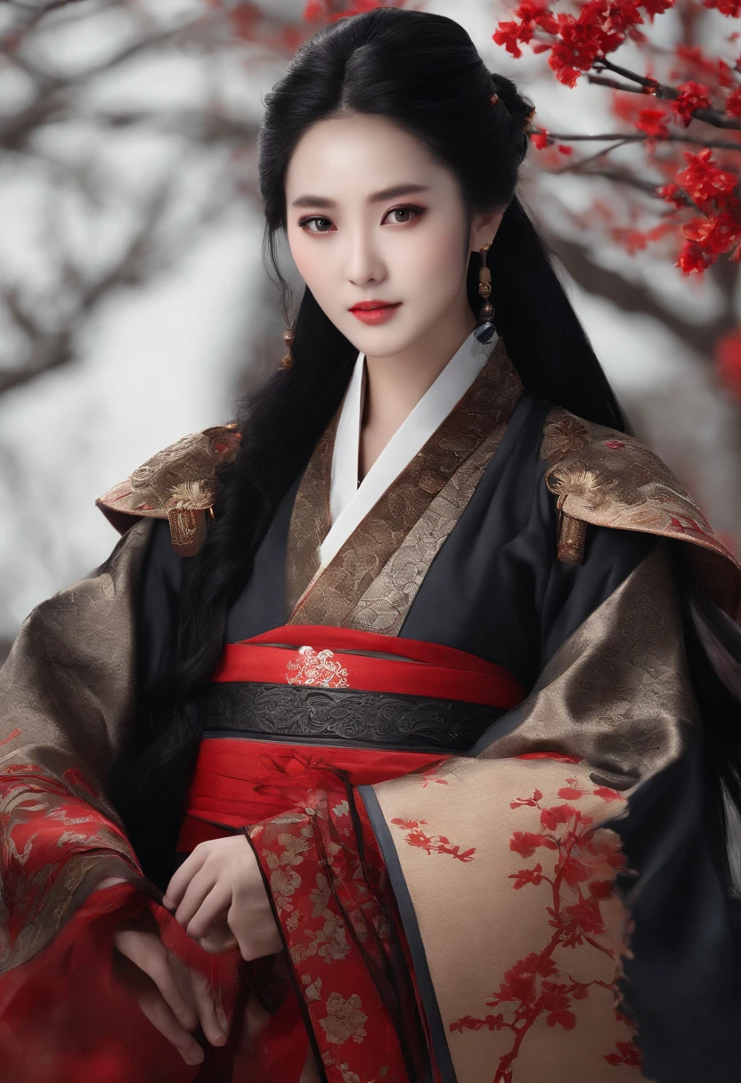 1 girl, Woman, Handsome, inky, chinese armor, ((2.5D)), Black hair, Floating hair, Delicate eyes, black and red antique damask Hanfu, FOV, (F1.8), (masutepiece), (portrait shot), Front shot, White background, (Cinematic poster)