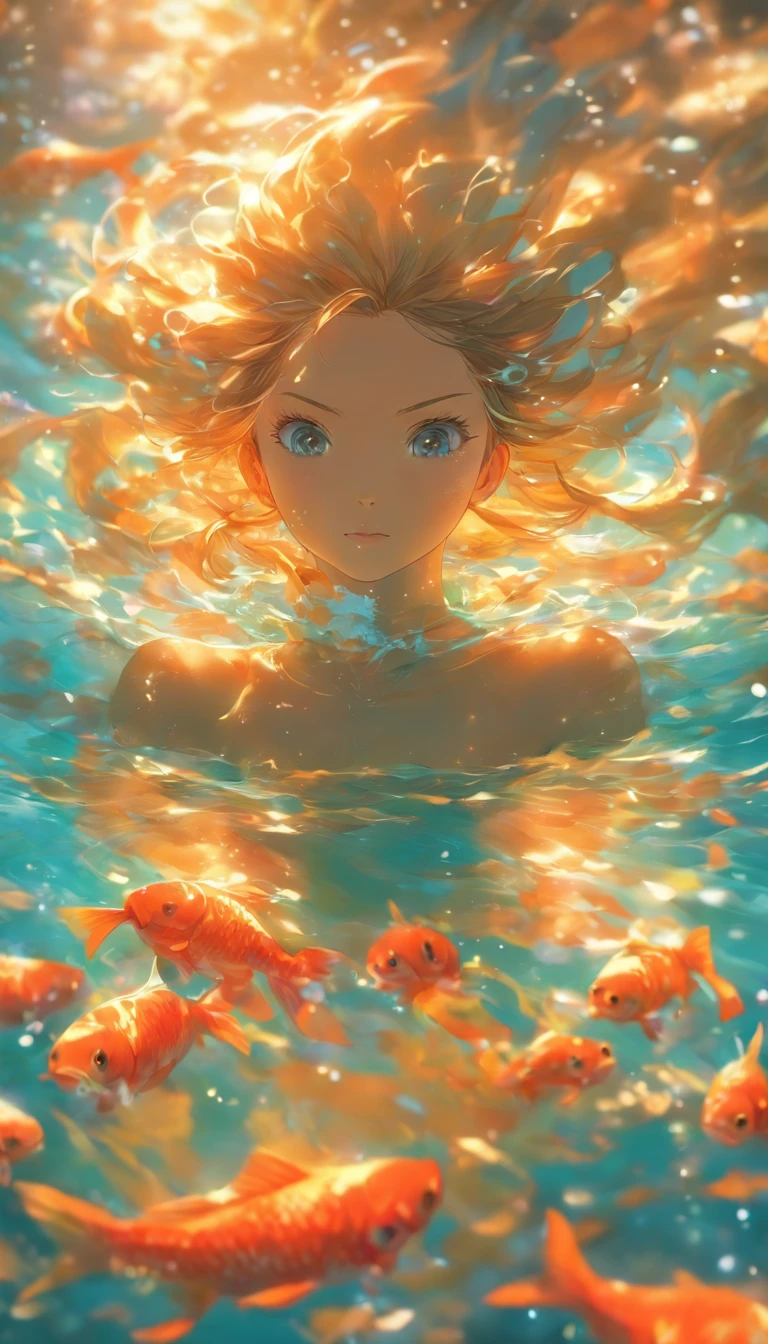 A woman floating in water. Fantastic. Swimming fish. Face not visible, high quality down to the smallest detail. Fantastic landscape . People at large .