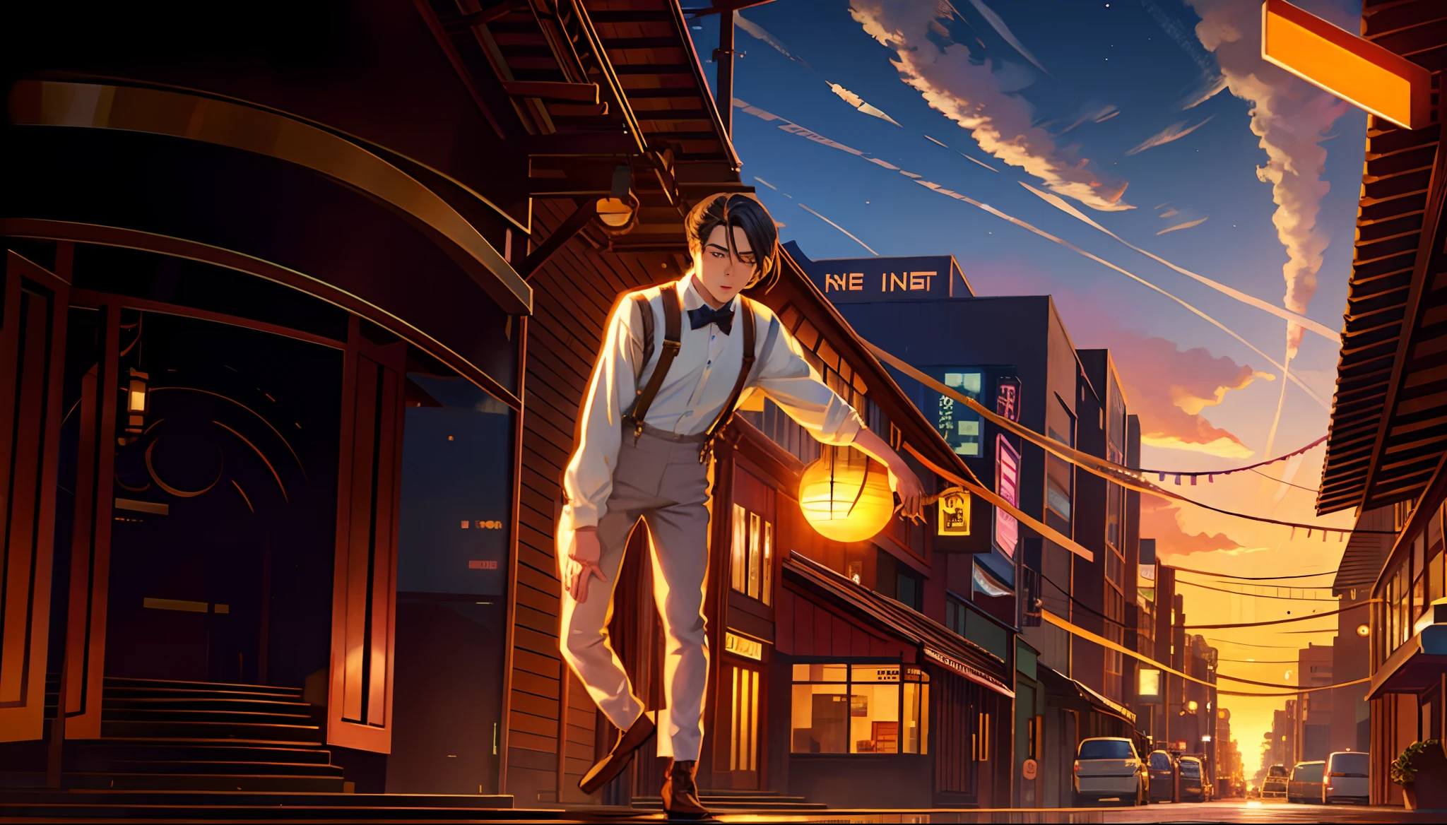the sunset,eventide,middle parted hairstyle,Suspenders,Five fingers are normal and clear,Put your feet on the ground,Two hands,Two feet