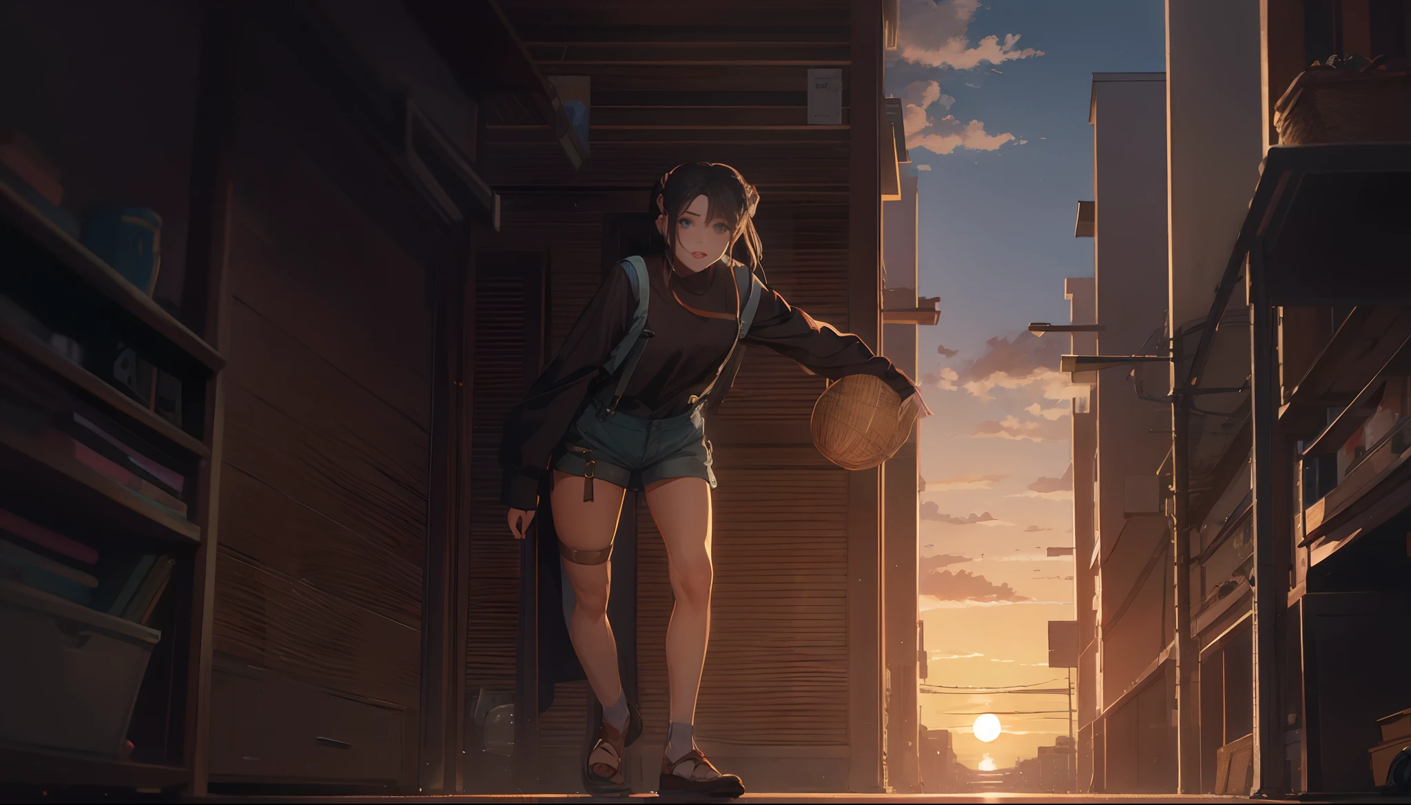 the sunset，eventide，middle parted hairstyle，Suspenders，Five fingers are normal and clear，Put your feet on the ground，Two hands，Two feet