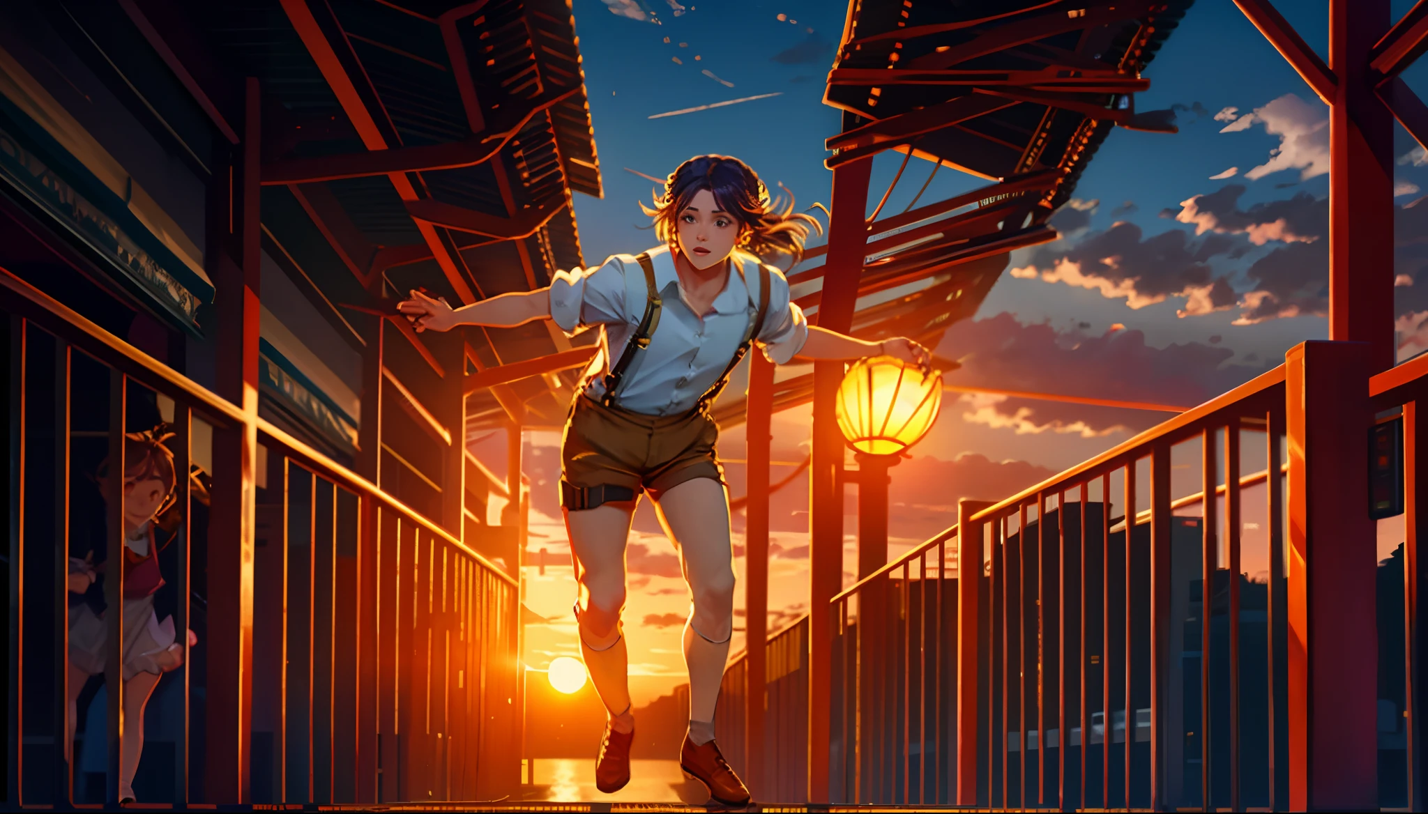 the sunset，eventide，middle parted hairstyle，Suspenders，Five fingers are normal and clear，Put your feet on the ground，Two hands，Two feet