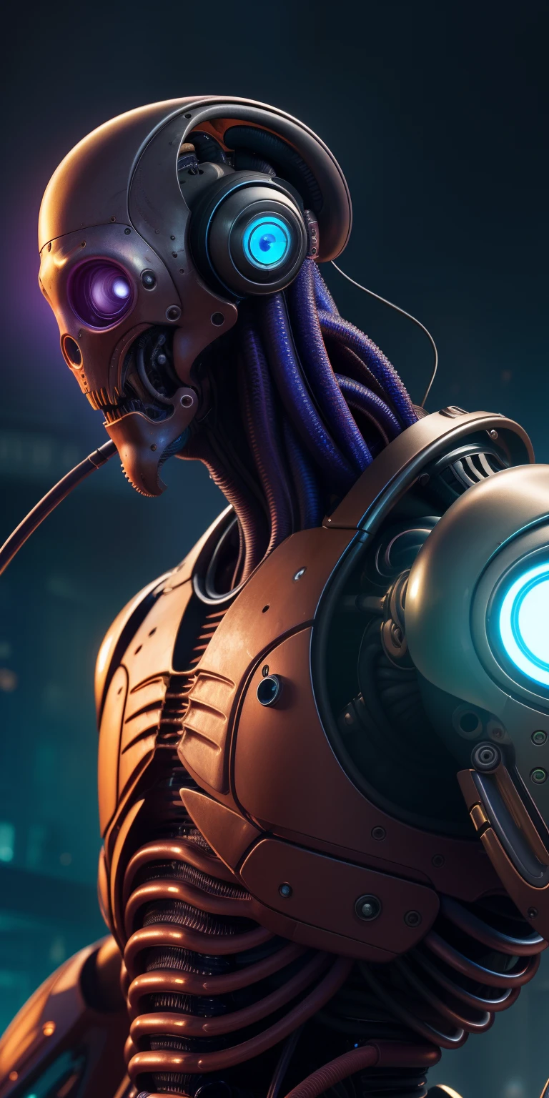 comic illustration, Cthulhu Cartoon, PIXAR ART, Des couleurs vives et nettes, cartoon style, Culte de Cthulhu, ((Cyborg, Cyberpunk)), Steampunk, robotic parts, couleurs vives, reflection, Ultra detailded, beautiful studio soft light, mannequin, rimlight, Vibrant details, luxueux, Hyperrealistic, anatomique, muscles, cable electric wires, micropuce, elegant, Beau fond, Rendu octane, Style RH Giger, 8k, Best quality, Masterpiece, illustration, an extremely delicate and beautiful, Extremely detailed, CG, unity, (Realstic, photo-realistic:1.37), Amazing Cartoon, finely detail, Masterpiece, Best quality, Art officiel, Highly detailed 8k unit CG wallpaper, Absurde, incroyable, Connect to ducts