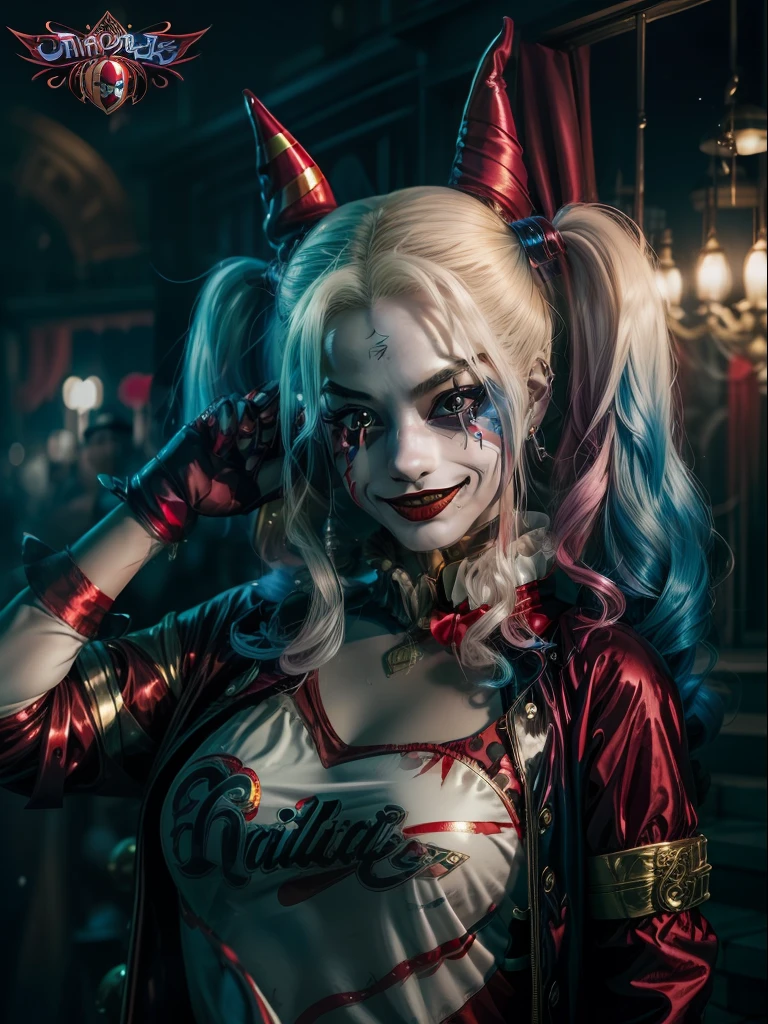 (tmasterpiece, Best quality, 超高分辨率, splendid),1 rapariga, Harley Quinn。 The face is painted in a clown costume，Witch hat,Halloween dress up,beautiful and detail face, A detailed eye，Harley Quinn（Harley Quinn）