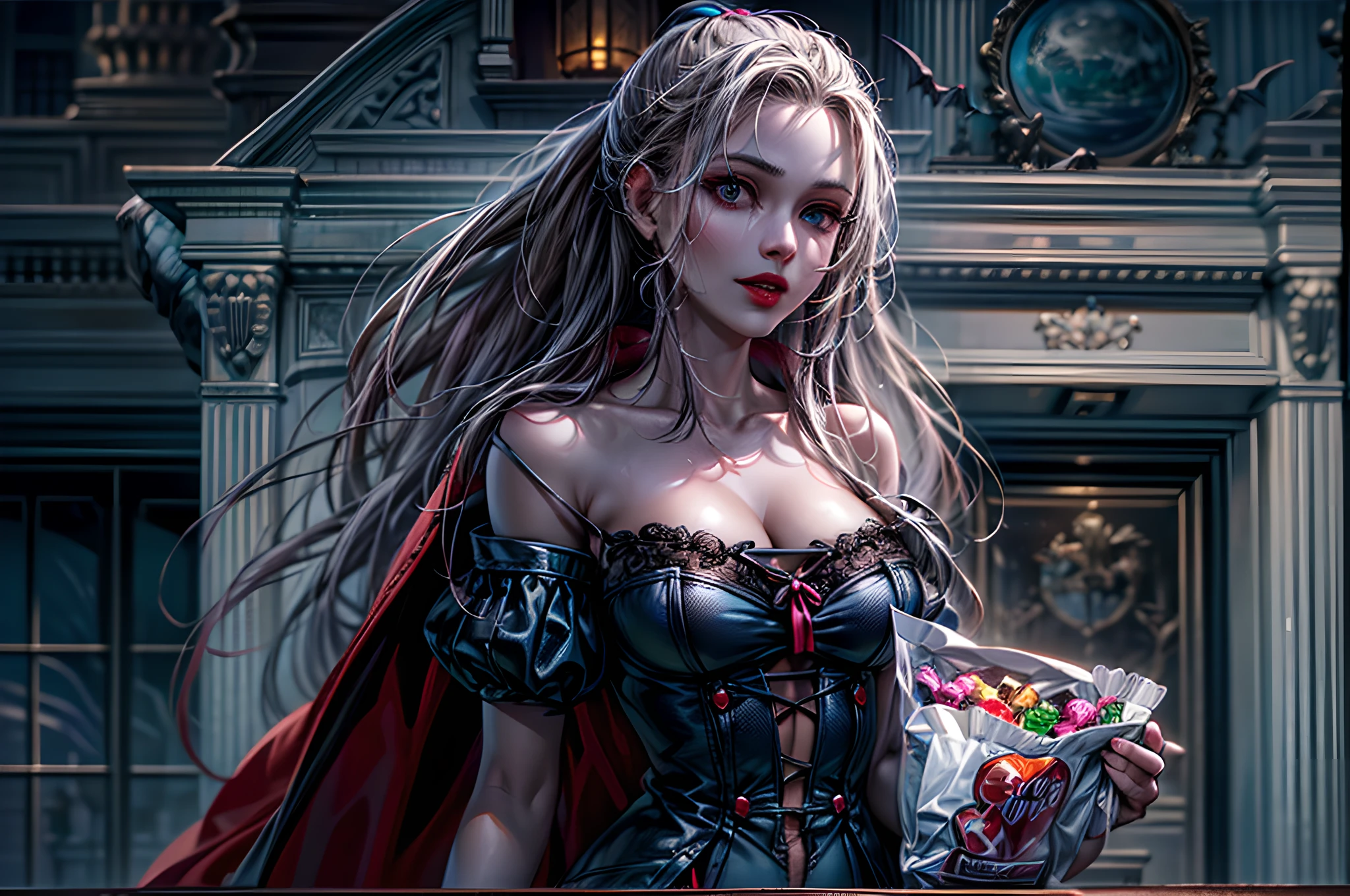 icture of vampire standing in the front of her home holding a (candy bag: 1.2), an exquisite beautiful female vampire in her front door of her home, full body (ultra detailed, Masterpiece, best quality), ultra detailed face (ultra detailed, Masterpiece, best quality), grey skin: 1.3 , blond hair, hair in a ponytail, long hair, blue eyes, cold eyes, glowing eyes, intense eyes, smile with [drops of blood on face] (ultra detailed, Masterpiece, best quality), dark red lips, [vampire fangs], wearing white dress (ultra detailed, Masterpiece, best quality), dark blue cloak, high heeled boots in front of her home, (holding a candy bag: 1.4), high details, best quality, 16k, [ultra detailed], masterpiece, best quality, (ultra detailed), full body, ultra wide shot, photorealism, luis royo style, dark fantasy art, moon light coming through the window, moon rays, gothic art, sense of dread, sense of seduction