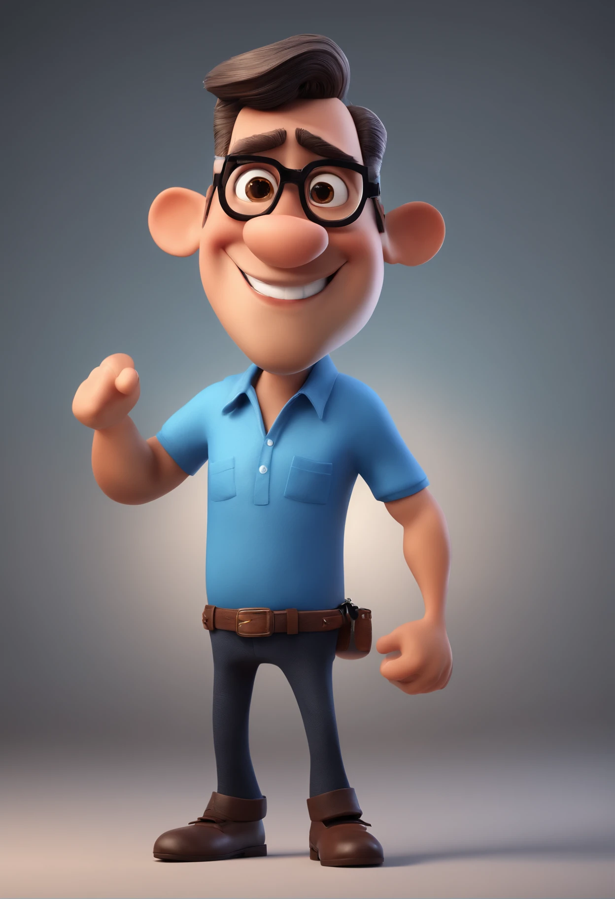 Cartoon character of a man with black glasses and a blue shirt, animation character, Caractere estilizado, animation style rendering, 3D estilizado, Arnold Maya render, 3 d render stylized, toon render keyshot, Personagem 3D, Personagem 3D, 3d rendering stylized, 3 d character render, personagem de desenho animado, Personagem de close up, Pose de personagem, (Estilo Pixar) (master part:1.2) (Bokeh) (best quality) (pele detalhada) (textura detalhada) (8k) (argila) (Cinematic lighting) (foco nítido
