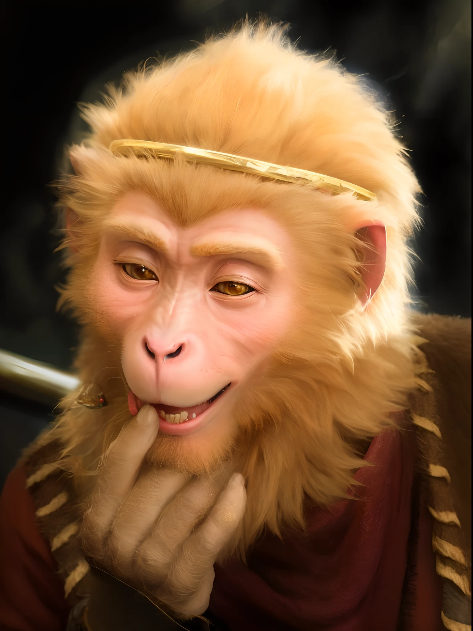 Macaque with a golden ring on its head, humanoid monkey fantasy race, son goku, face like monkey, Wukong, Monkey king, , Monkey,The handsome and handsome Monkey King,Blonde Monkey King,Monkey's hand,solid color backdrop