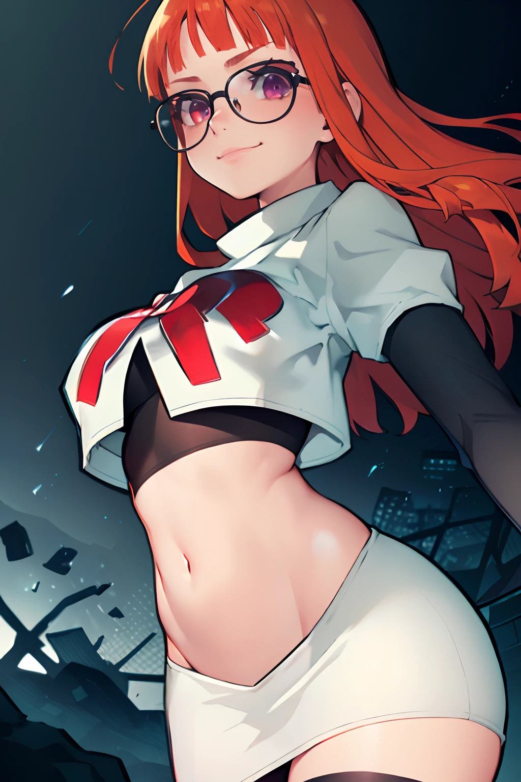 futaba sakura, orange hair, long hair, (purple eyes:1.1), glasses, ahoge, team rocket, team rocket uniform, red letter R, white skirt, white crop top, black thigh-highs, black elbow gloves, evil smile, digital art, detailed illustration, ultra-detailed linework, (best quality,4k,8k,highres,masterpiece:1.2), ultra-detailed shading, professional coloring, vibrant colors, anime style, (cool lighting:1.1), nighttime scenery, (mysterious atmosphere:1.1), shadowy background, glowing red eyes