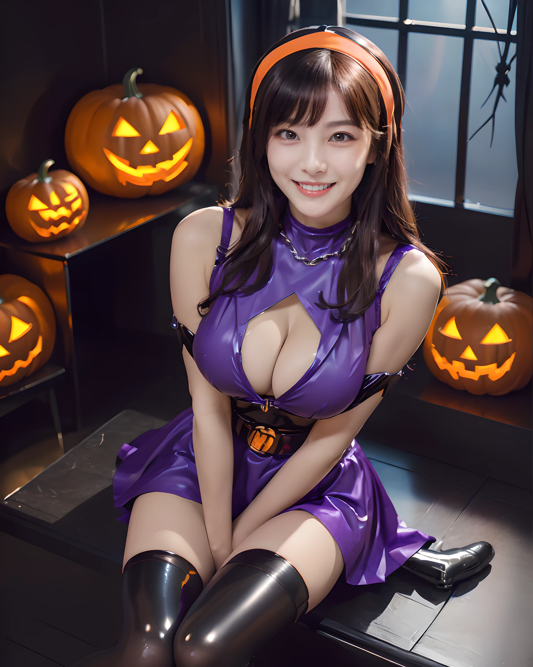 (halowween monastery:1.5), (Halloween theme:1.3), (costume girl:1.3), upper body portrait of a very busty beautiful cosplay girl wearing a purple rubber devil costume, (fusion of rubber devil costume and rubber highneck bodysuit:1.3), ultra detailed embroidery purple rubber corset, frilled lacy luxury bra top:1.3, (chain:1.3), (punk rock arm sleeve:1.0), (black stockings:1.3), (zettai_ryouiki:1.3), (purple pvc devil wings:1.3), (rubber black short skirt:1.3), (frilled short skirt:1.3), (grossy:1.3), (shiny materials:1.3), (light reflection:1.3), detailed black and purple clothes, BREAK, (;D1.3, happy smile:1.2)), perfect face,perfect eyes,HD details,high details,sharp focus,studio photo,HD makeup,shimmery makeup,celebrity makeup, (bust up image:1.5), ((centered image)) (HD render)Studio portrait,magic, magical, fantasy,(huge breasts)(large breasts),(big breasts),(sagging breasts), wavy curly hair:1.3, (shiny-black long straight hair:1.3), (front view:1.3), from below, low angle, (jack o'lantern:1.5), (arms down:1.5), (hands between legs:1.5), (sitting:1.5), (wariza:1.5), (looking at the viewer:1.5),(halloween room:1.3),