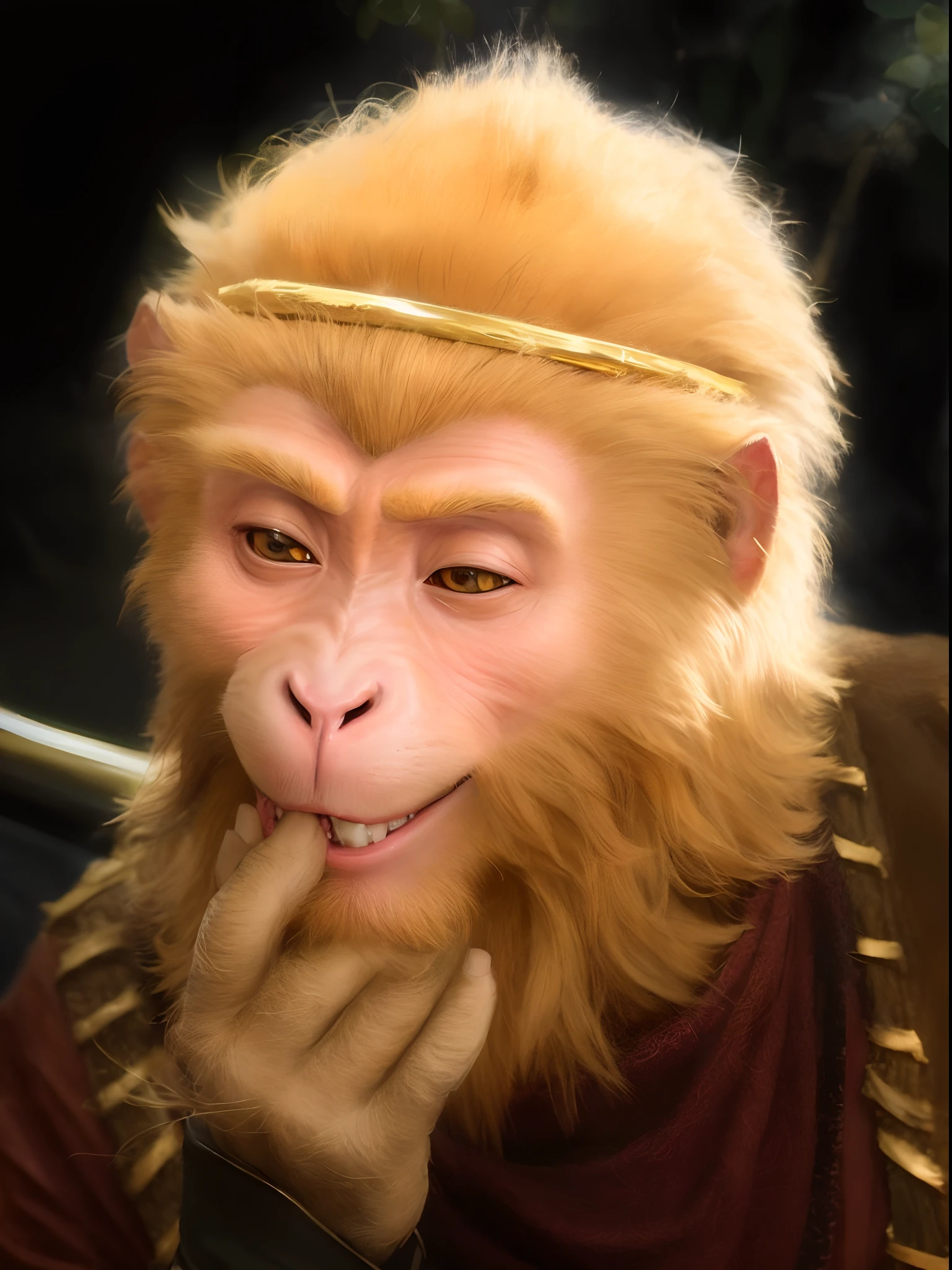Macaque with a golden ring on its head, humanoid monkey fantasy race, son goku, face like monkey, Wukong, Monkey king, , Monkey,The handsome and handsome Monkey King,Blonde Monkey King,Monkey's hand,solid color backdrop