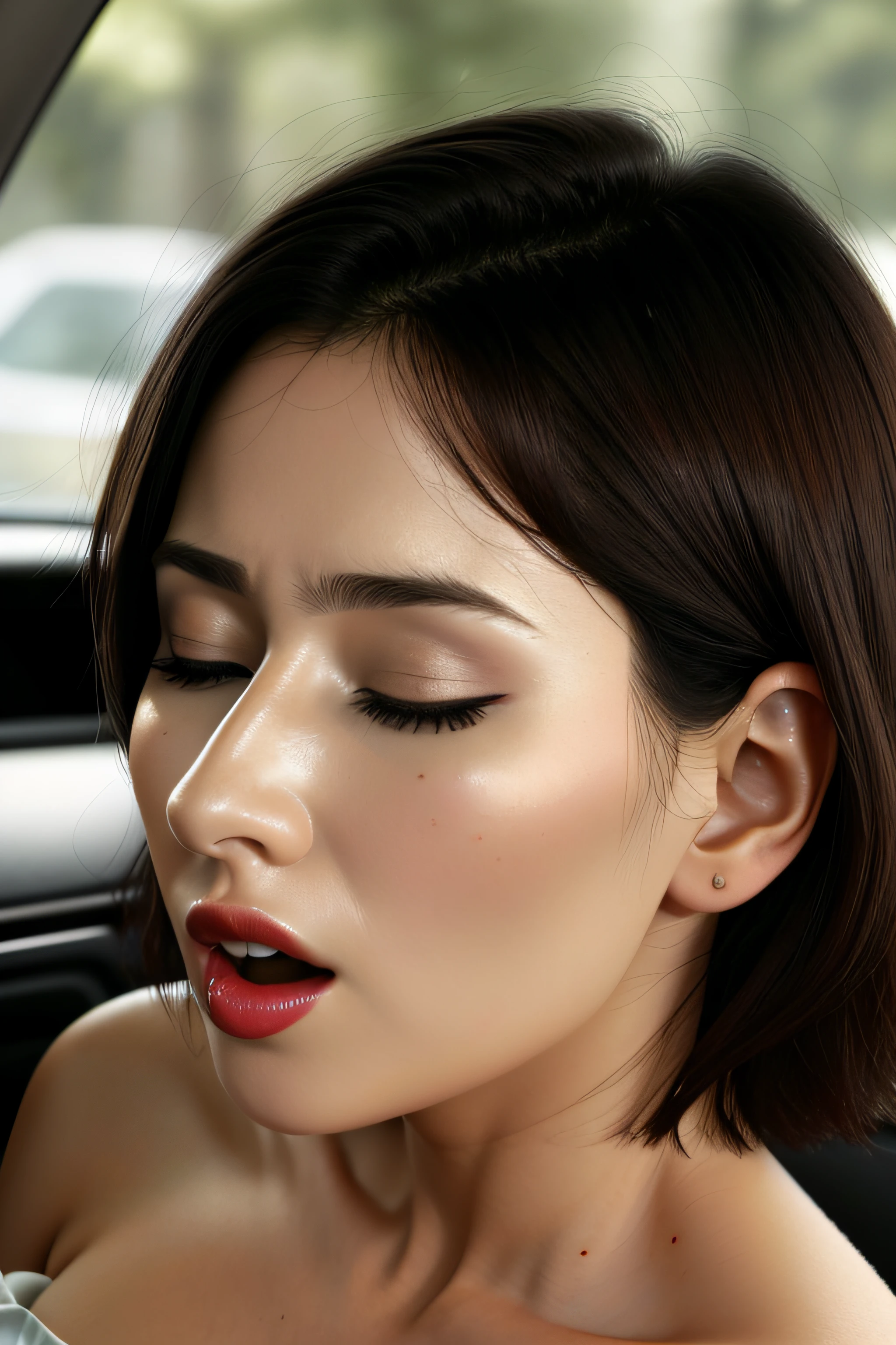 masutepiece,,award - winning photo, Extremely detailed, edgOrgasm,Face Focus, (Woman with mouth open and eyes closed ), 18year old、A dark-haired、CNN News Anchor、Glossy skin、inside of a car、Close-up of face,frombelow、Realistic nostrils、NSFW,short cut hair、