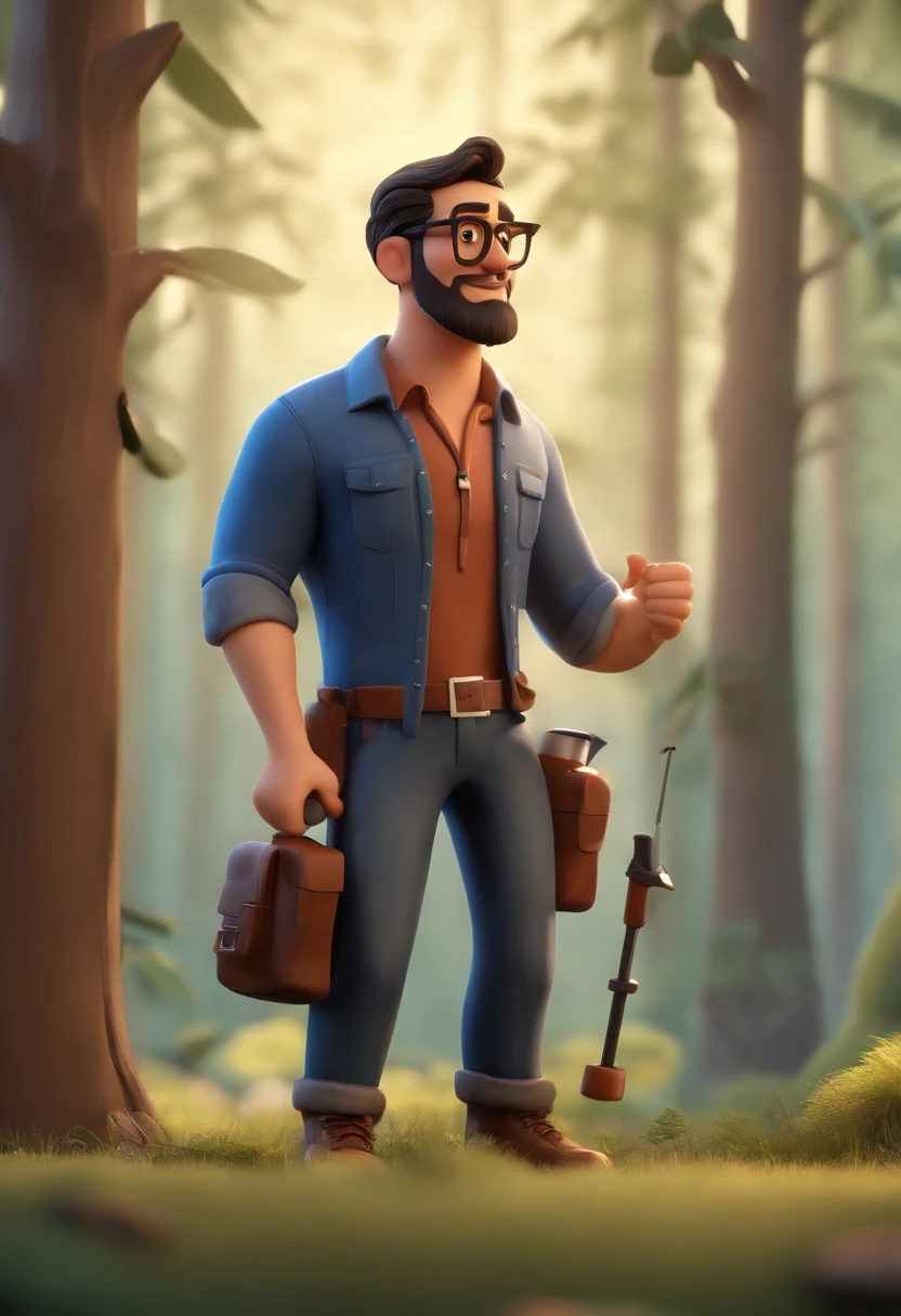 Cartoon character of an adult teacher in his 30s, medium height, fat, round face, brown eyes, with thin rectangular black glasses, ripped jeans, brown boots, blue plaid shirt, sparse beard, loose black hair and holding a drill to sample soil in a forest, animation character, stylized character, style rendering animation, 3d stylized, Arnold Maya rendering, 3d stylized rendering, toon rendering screenshot, 3d character, 3d character, stylized 3d rendering , 3D character rendering, cartoon character, close-up character, character pose, (Pixar Style) (master part: 1.2) (Bokeh) (best quality) (detailed skin) (detailed texture) (8k) (clay) (Cinematic lighting) (sharp focus)