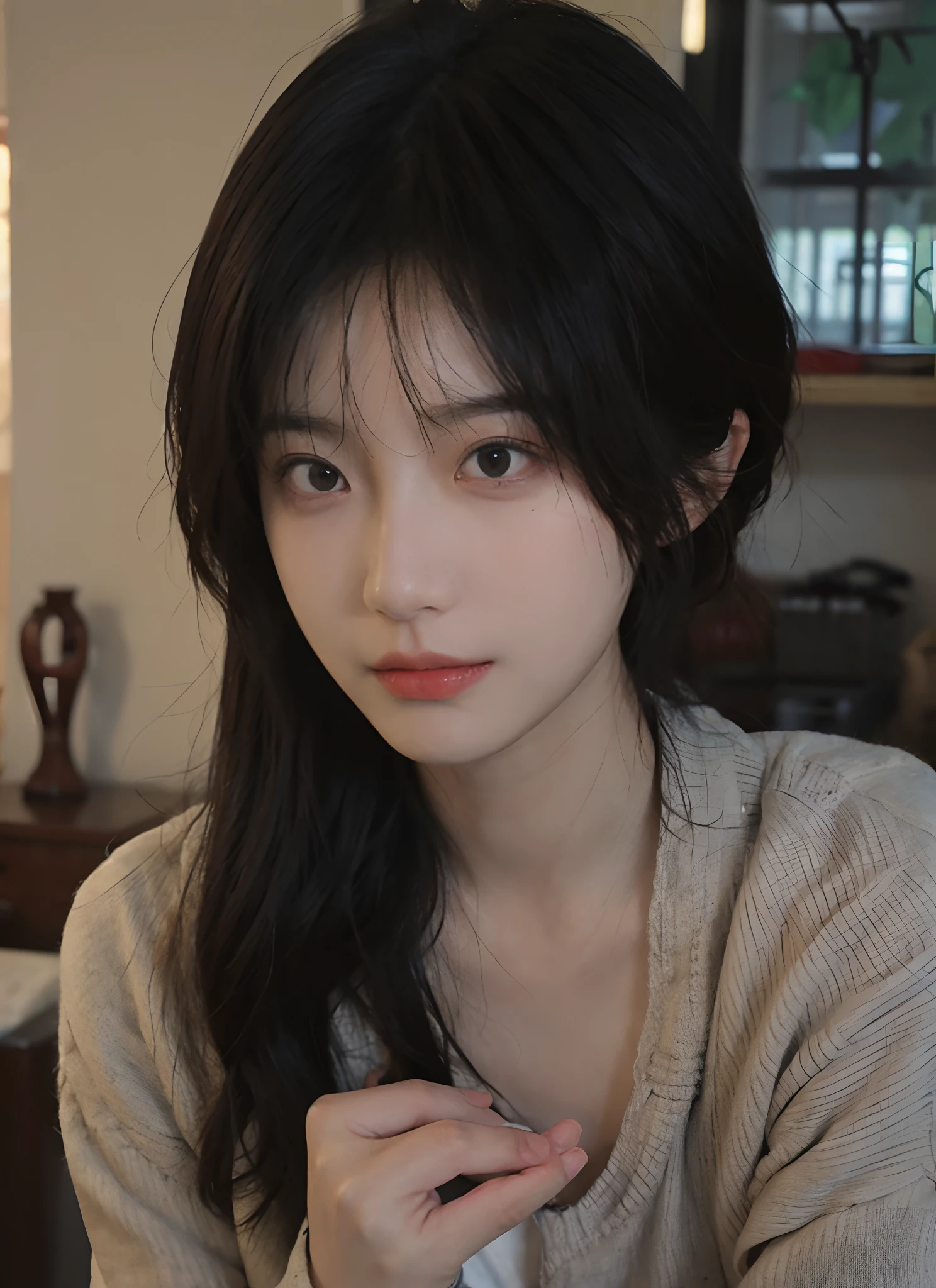 best qualtiy, 超高分辨率, (realisticlying:1.4), A woman with long black hair and a gray sweater, 中景 the scene is, She has black hair,By bangs, young lovely Korean faces, wan adorable korean face, ulzzangs, Shin Jinying, beautiful aesthetic face, Korean face features, Played by Liu Lee Ji Eun ,Beautiful realistic face