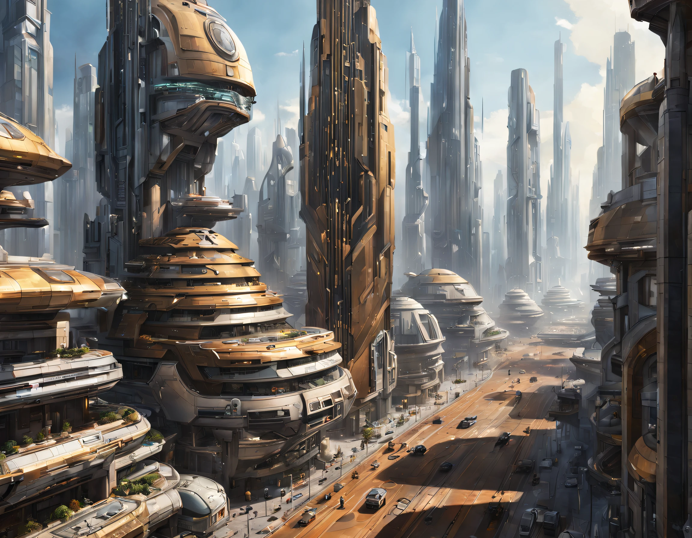 The city of Coruscant from Star Wars as designed by Doug Chiang, futuristic fantasy city with immense buildings of technological design (que forman una avenida infinita), edificios compactor no difuminados, con estructuras acristaladas en plata, oro y bronce espectaculares, (con colores vivos). pavimento ensolado (sin brillo). gente paseando. imagen bien definida con muchos edificios juntos. imagen nitida bien definida 8k. los edificios llegan alta el fondo.,8k. imagen cinematografica.