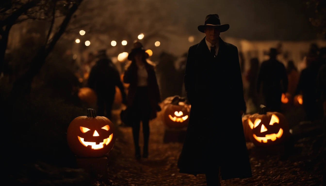 Halloween night, Lovecraft setting, Halloween party, Jack-o'-lantern, many people in cosplay