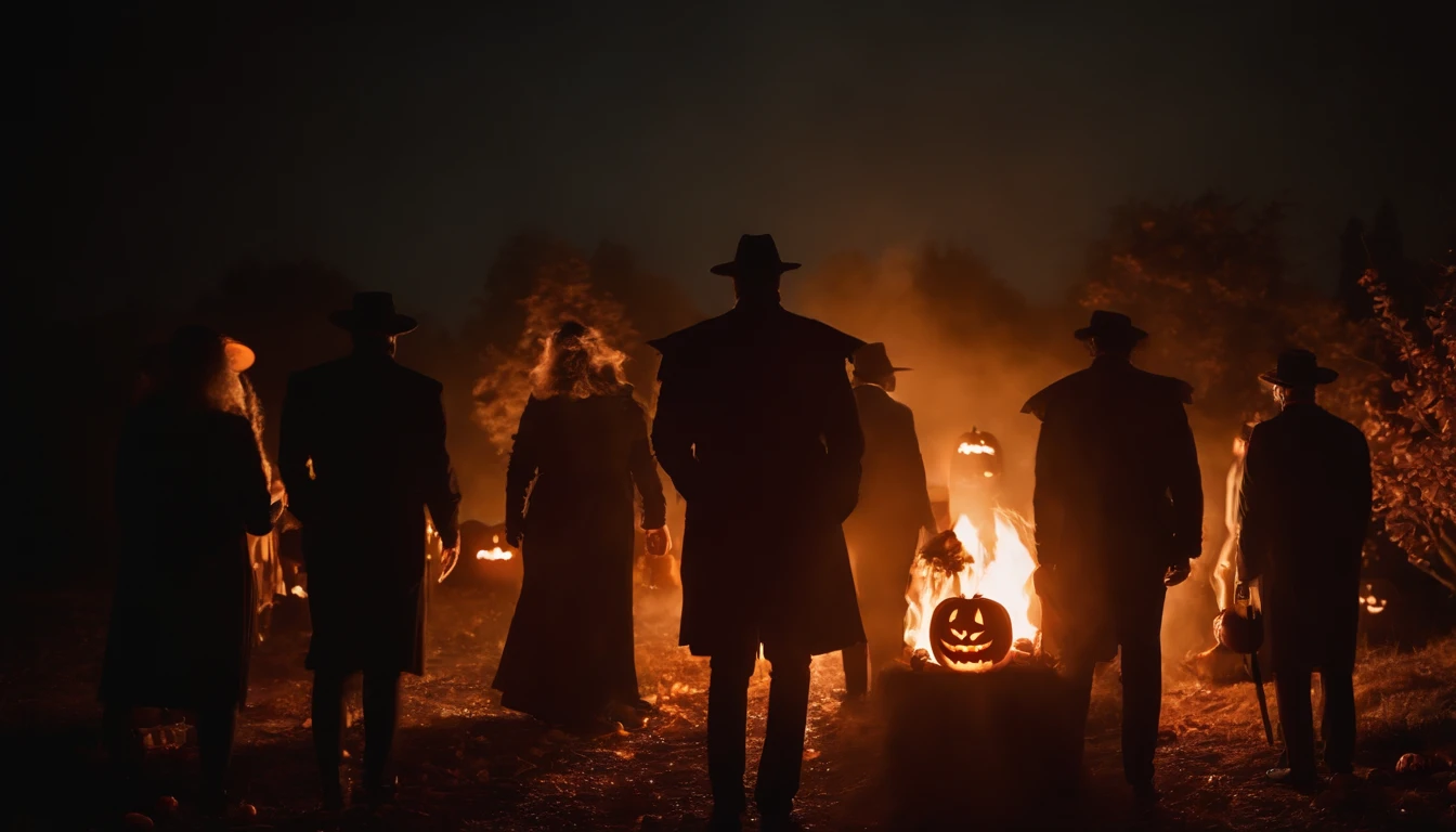 Halloween night, Lovecraft setting, Halloween party, Jack-o'-lantern, many people in cosplay