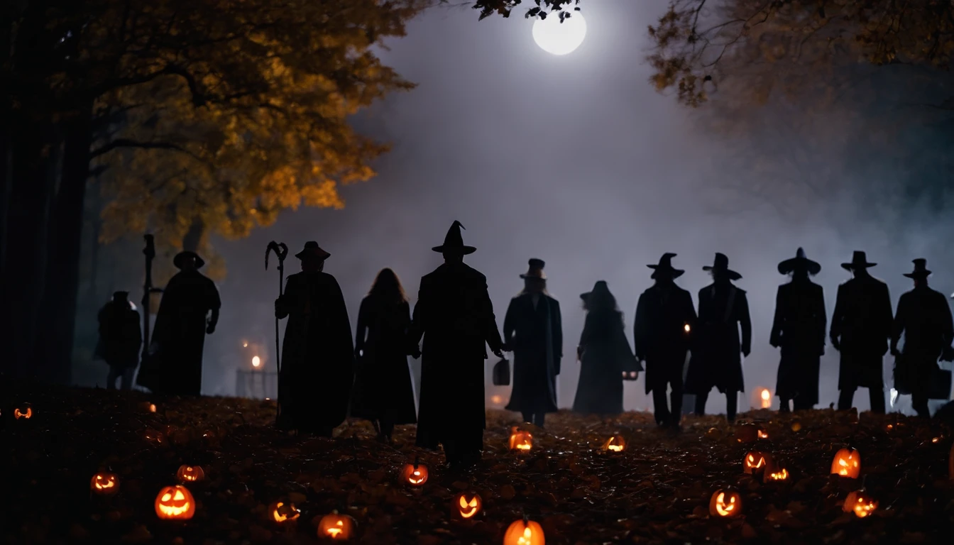 Halloween night, Lovecraft setting, Halloween party, Jack-o'-lantern, many people in cosplay
