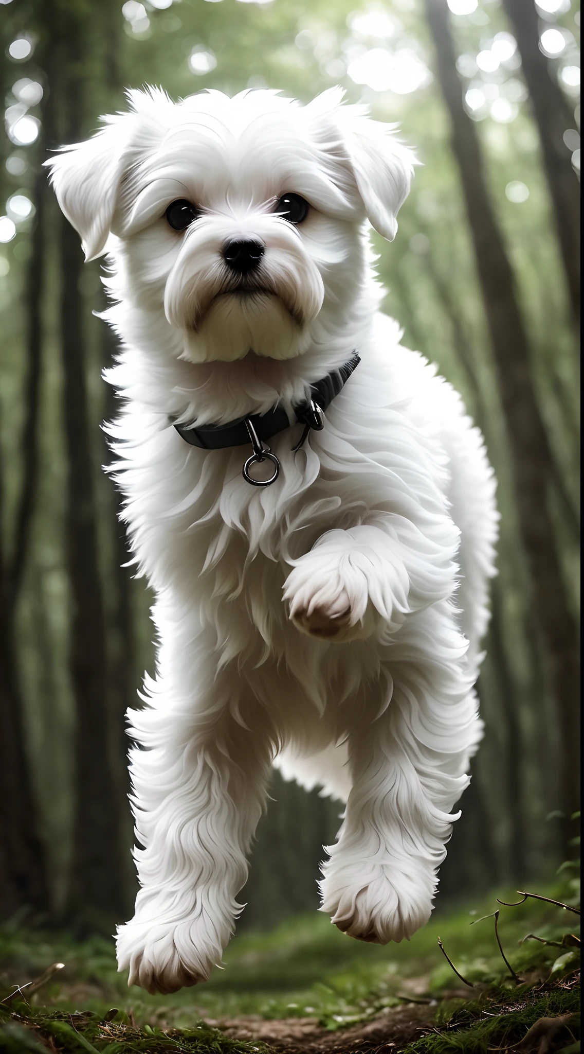 Close-up photo of a very cute  Maltese white puppy jumping in the woods, look at a camera, soft volumetric lights, (backlit: 1.3), (kinematics: 1.2), detalhes complexos, (ArtStation: 1.3), Rutkowski