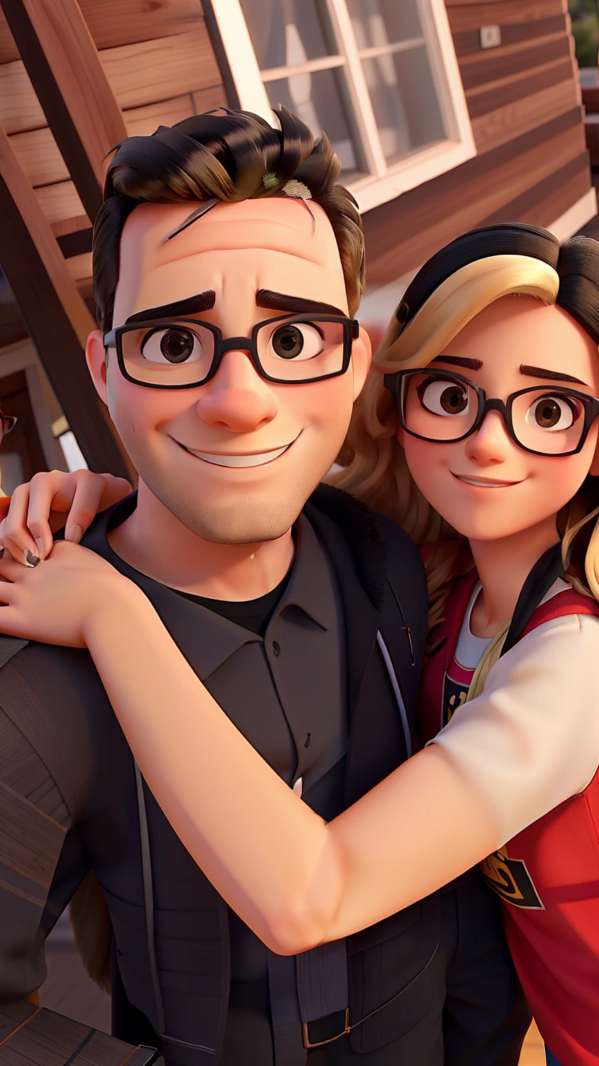 Um casal jovem , Blonde woman with glasses Man with black hair and in front of a wooden parade.