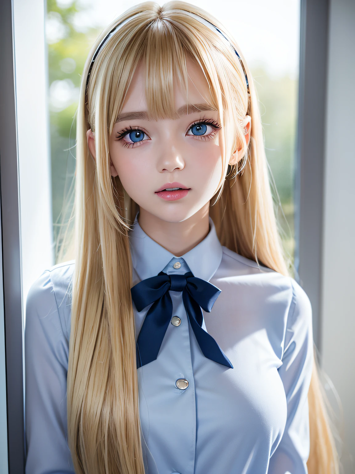 portlate、School Uniforms、bright expression、poneyTail、Young shiny shiny white shiny skin、Best Looks、Blonde reflected light、Blonde hair with dazzling highlights、shiny light hair,、Super long silky straight hair、Beautiful bangs that shine、Glowing crystal clear attractive big blue eyes、Very beautiful nice cute girl、Lush bust