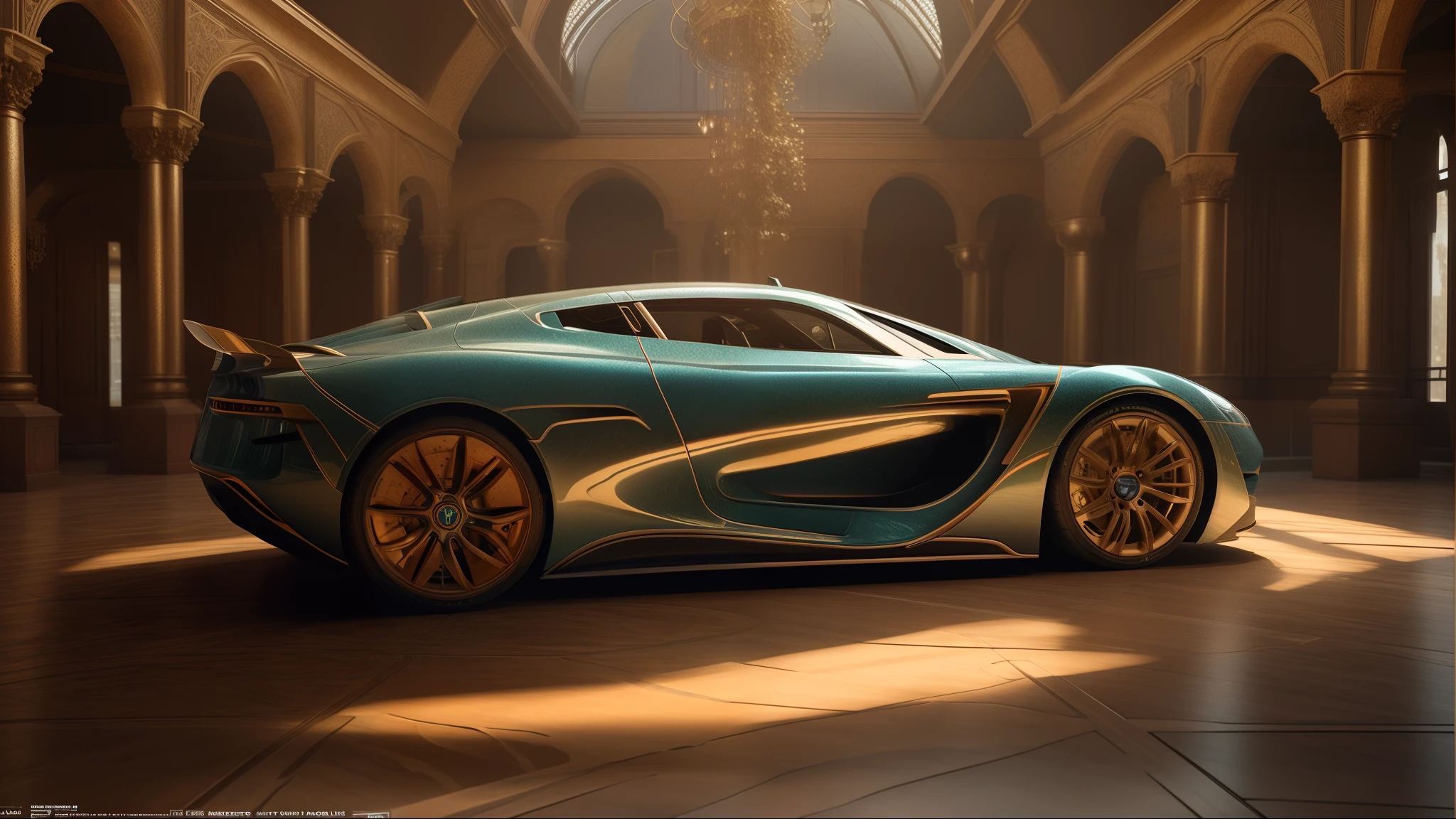 Close-up of a blue sports car in a big room, Art Nouveau Octane Render, Art Nouveau Ferrari Cars, Inspired by Mike Winkelmann, in door : Mike Winkelmann, Fantasy-style 8K Octane Render, Daniel Maidman Octane Render, Elegant rendering, Inspired by Harry Haenigsen, 8K High Detail Concept Art, Concept Design Art Octane Render(Octane Render)