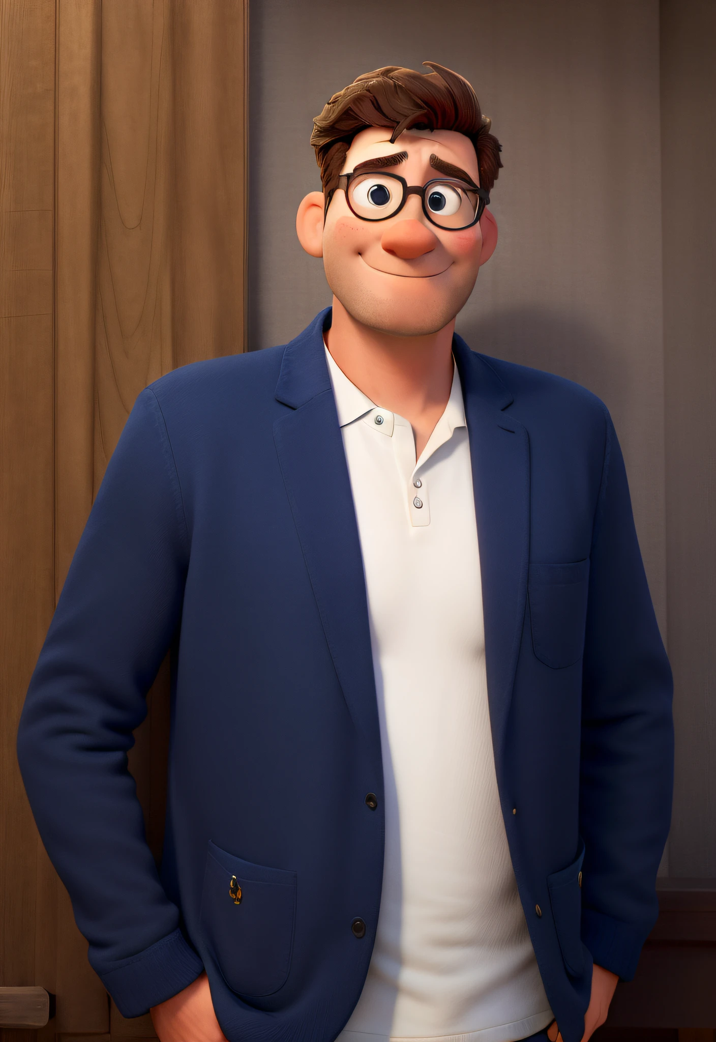 Homem alto estilo disney pixar, camisa social azul clara xadrez, Holding a soybean in his hand, Farm background with soybean plantation, imagem de alta qualidade