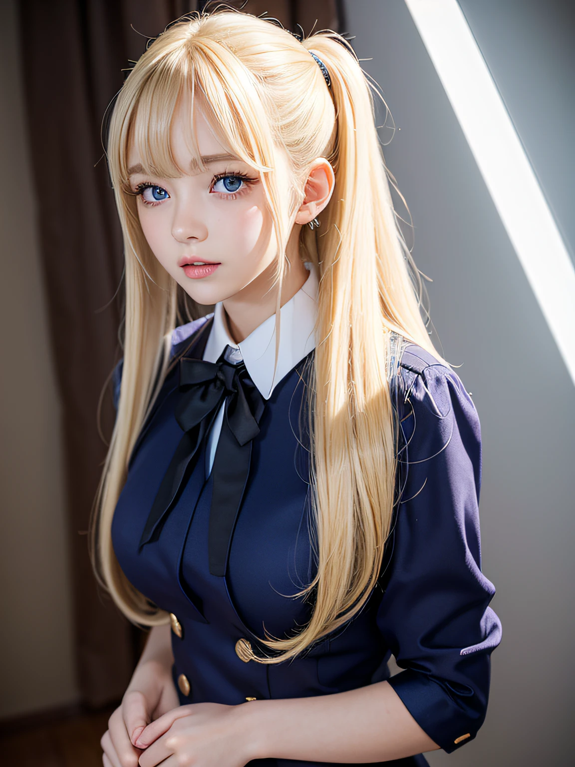 portlate、School Uniforms、bright expression、poneyTail、Young shiny shiny white shiny skin、Best Looks、Blonde reflected light、Blonde hair with dazzling highlights、shiny light hair,、Super long silky straight hair、Beautiful bangs that shine、Glowing crystal clear attractive big blue eyes、Very beautiful nice cute 16 year old girl、Lush bust