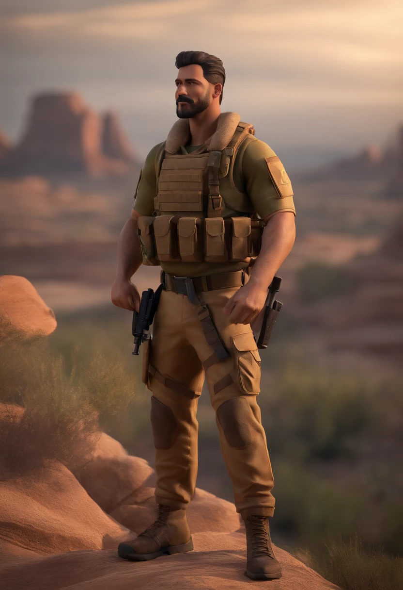 personagem dos desenhos animados de um homem de pele negra com uniforme camuflado, com cabelos grisalhos corte baixo, com cavanhaque e bigode grisalhos, Holding an airsoft in hand with tactical equipment, With Jordan desert in the background Animation character, Caractere estilizado, animation style rendering, 3D estilizado, Arnold Maya render, 3 d render stylized, toon render keyshot, Personagem 3D, Personagem 3D, 3d rendering stylized, 3 d character render, personagem de desenho animado, Personagem de close up, Pose de personagem, (Estilo Pixar) (master part:1.2) (Bokeh) (best quality) (pele detalhada) (textura detalhada) (8k) (argila) (Cinematic lighting) (foco nítido