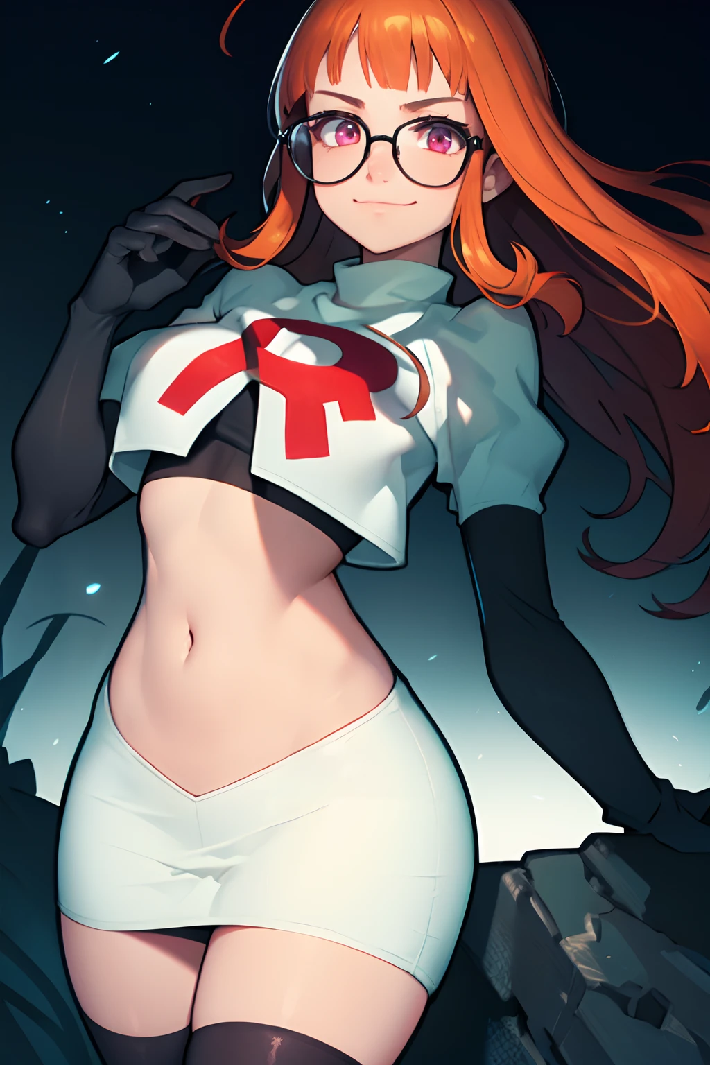 futaba sakura, orange hair, long hair, (purple eyes:1.1), glasses, ahoge, team rocket, team rocket uniform, red letter R, white skirt, white crop top, black thigh-highs, black elbow gloves, evil smile, digital art, detailed illustration, ultra-detailed linework, (best quality,4k,8k,highres,masterpiece:1.2), ultra-detailed shading, professional coloring, vibrant colors, anime style, (cool lighting:1.1), nighttime scenery, (mysterious atmosphere:1.1), shadowy background, glowing red eyes