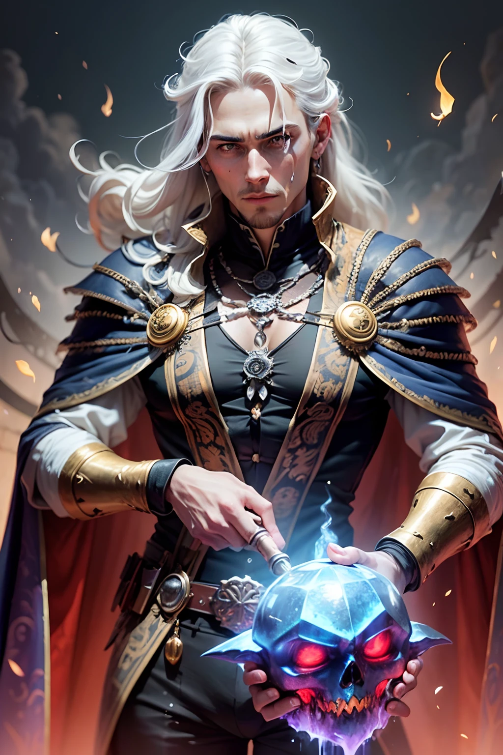 Em um mundo de Dungeons and Dragons, where magic and the occult were a present force, um homem jovem necromante. This man is an enigmatic figure, Wrapped in a mystical style, ele tem cabelos curtos e ondulados, As black as midnight. Her eyes are pale black, emanavam um poder intenso, But they also hid the weight of wisdom gained from exploring the forbidden depths of necromancy. Vestido inteiramente de preto, The man wore an open-collared fabric blouse and pants that seemed to absorb the light around him. The accessories he carried were minimalist, mas significativos. Ele usava um colar de prata com um pingente, symbolizing your connection to death and the passage to the realm of the dead. Only an ebony wand, ornada com gemas negras incrustadas, remained visible. It was his tool to conjure and control the forces of darkness beyond the grave. modelo epiCRealism 4k --auto --s2