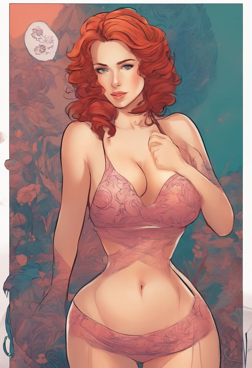 Generate an image of a Russian woman with distinctive features. She should have long, vibrant red hair that cascades down her back. Her skin should be pale, almost porcelain-like, contrasting beautifully with her fiery hair. Her eyes should be a striking shade of blue, clear and bright. She should have a voluptuous figure, with large breasts and big, round buttocks. This combination of features should create an image of a stunning, alluring Russian woman, naked, pink with no hair