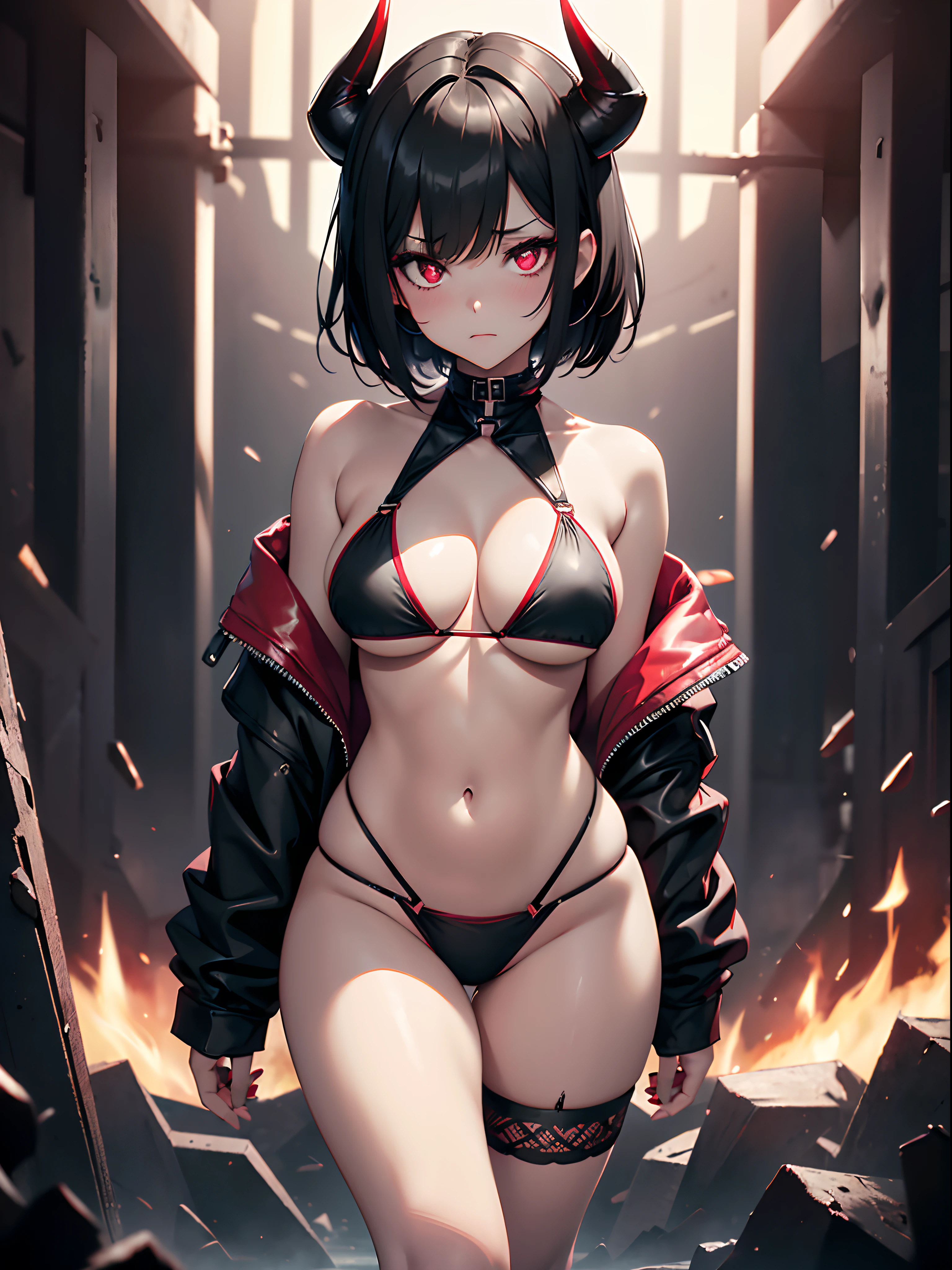 (best quality, UHD, ultra sharp), 1girl, solo, goth girl, black hair, short hair, black horns, (red bikini: 1.2), red anime eyes, blush, (medium breast:1.4), thick thighs, dark fantasy, dark lights, laced high shoes, dark atmosphere, horror, macabre, dramatic lighting, in hell, fire on background