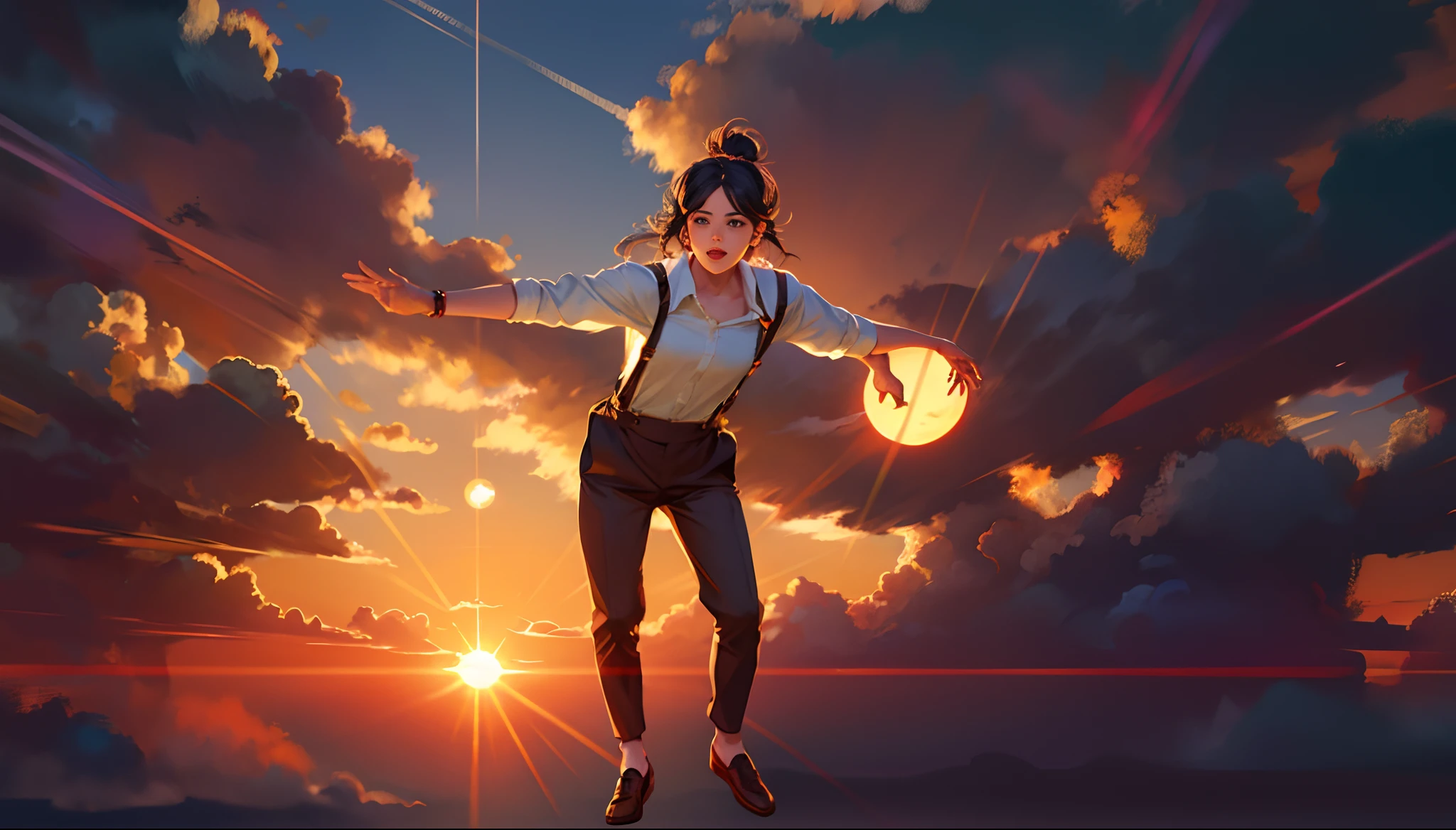 the sunset，eventide，middle parted hairstyle，Suspenders，Five fingers are normal and clear，Put your feet on the ground，Two hands，Two feet