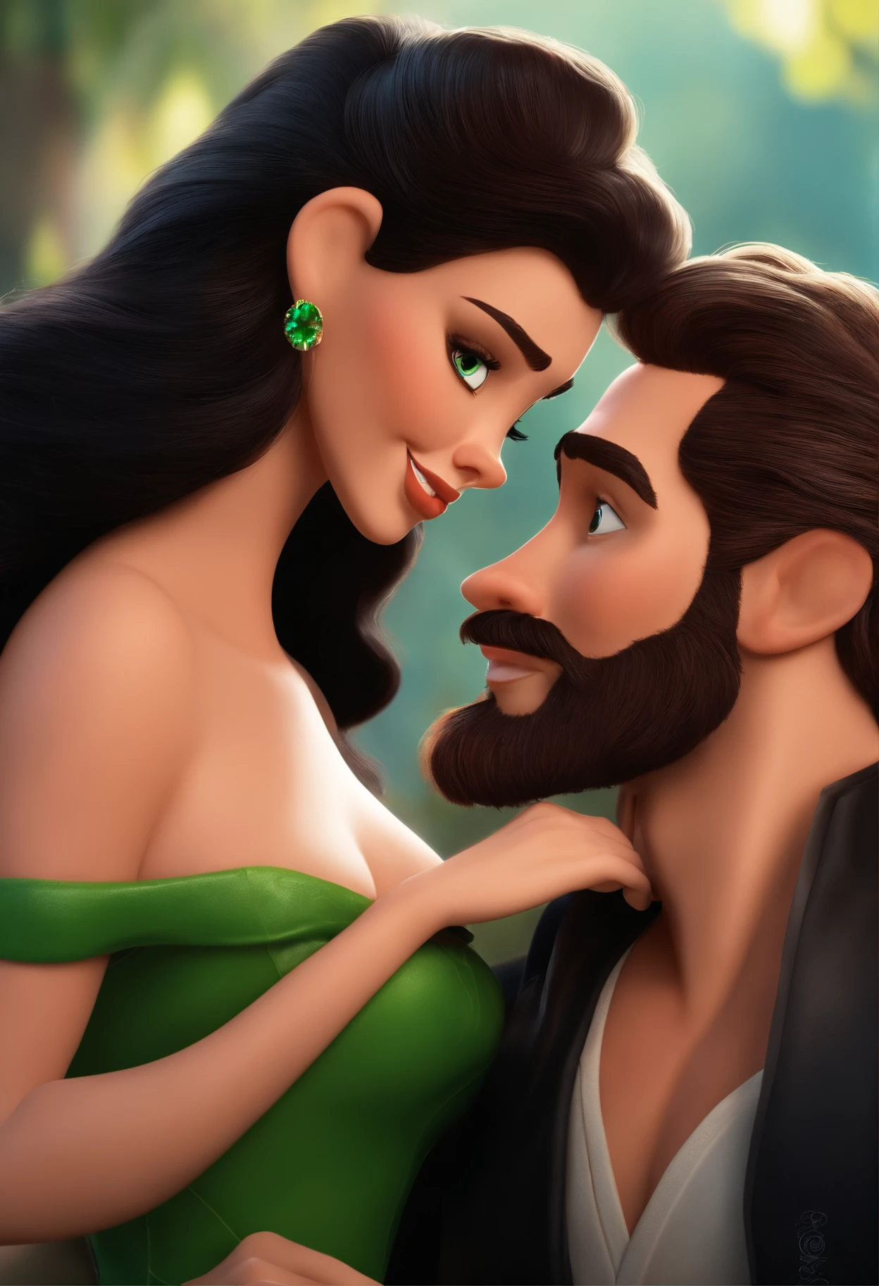 casal no estilo disney pixar, homem moreno de barba e cabelo preto de olhos castanhos, mulher com cabelos loiros dos olhos verdes, alta qualidade, melhor qualidade