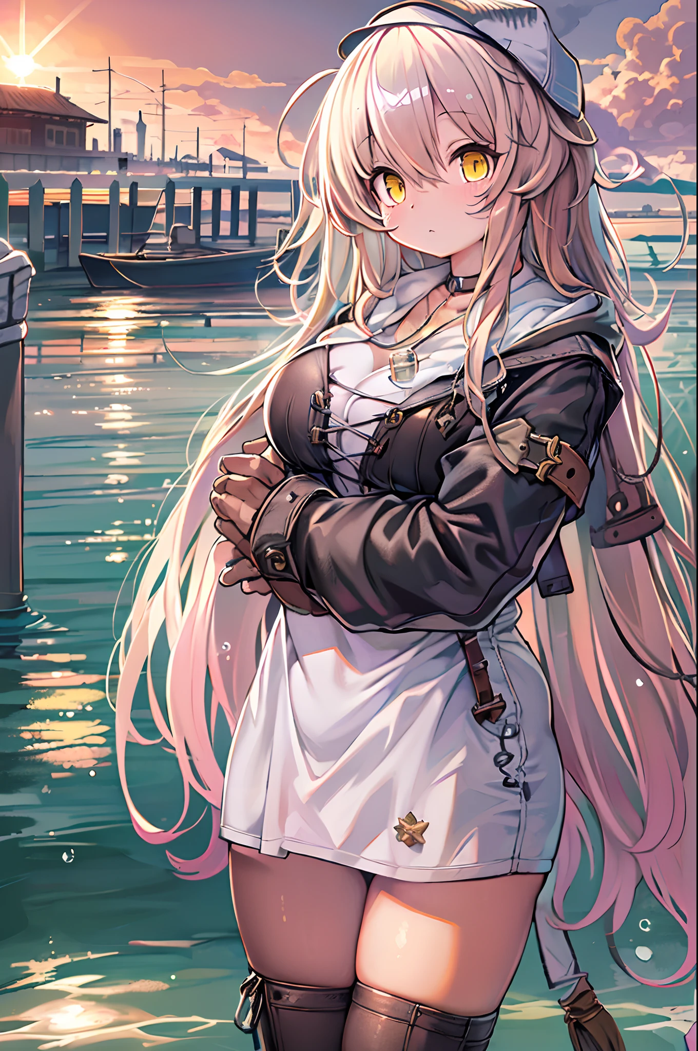 medium shot, medium shot, depth of fields, Bust, Upper body, Cinematic Angle, masutepiece, Best Quality, super detailed, nffsw, 8K Wallpaper, Pretty Face, Delicate eyes, maidennurse, Solo, White long hair, Yellow eyes, Hairpin, White shirt, Black hooded jacket, Black Baseball Cap, Black stockings, black over-the-knee boots, Sunset, Medieval harbor, harbour, Detailed water surface, Reflection of the Sun