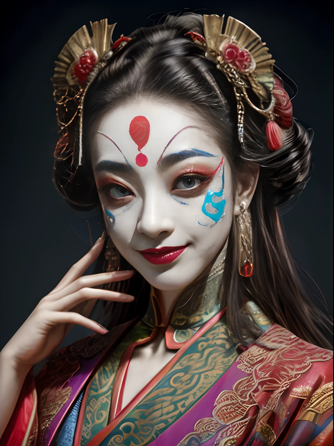 Stable diffusion cues:
(Detailed close-up of a Chinese clown, Peking Opera face painting, 6 classic opera works, Dramatic masks, Realistic portrayal, symmetrical arrangements:1.2)
(Best quality,4K,8K,A high resolution,Masterpiece:1.2), Ultra-detailed, (Realistic,Photorealistic,photo-realistic:1.37), Award-winning, high high quality, A high resolution, Vibrant colors, Intricate details, Accurate anatomy, Textured skin, Visually stunning, Professional lighting