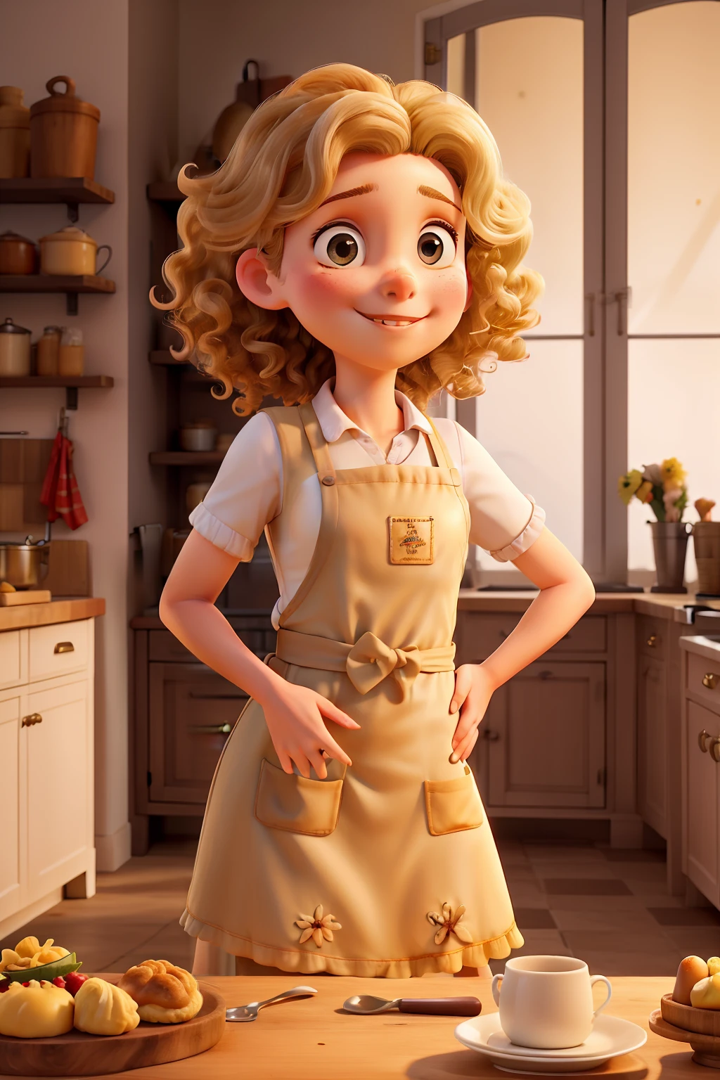 obra-prima, de melhor qualidade, a young pastry chef with curly blonde hair with a fouet in her hand and apron written Culinary Atelier
